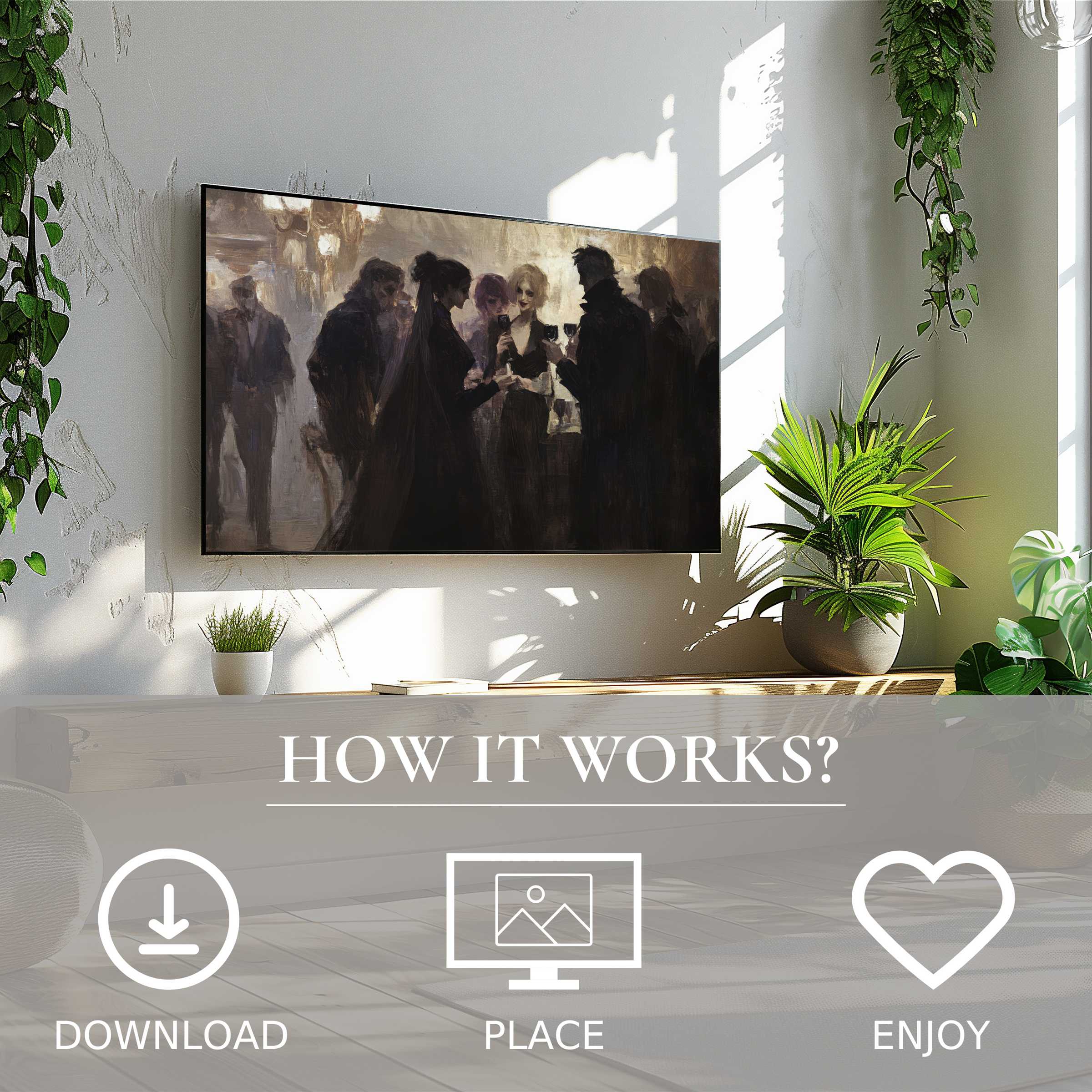 Modern living room with easy digital download; halloween art for Samsung TV shows moody, dark-toned abstract figures