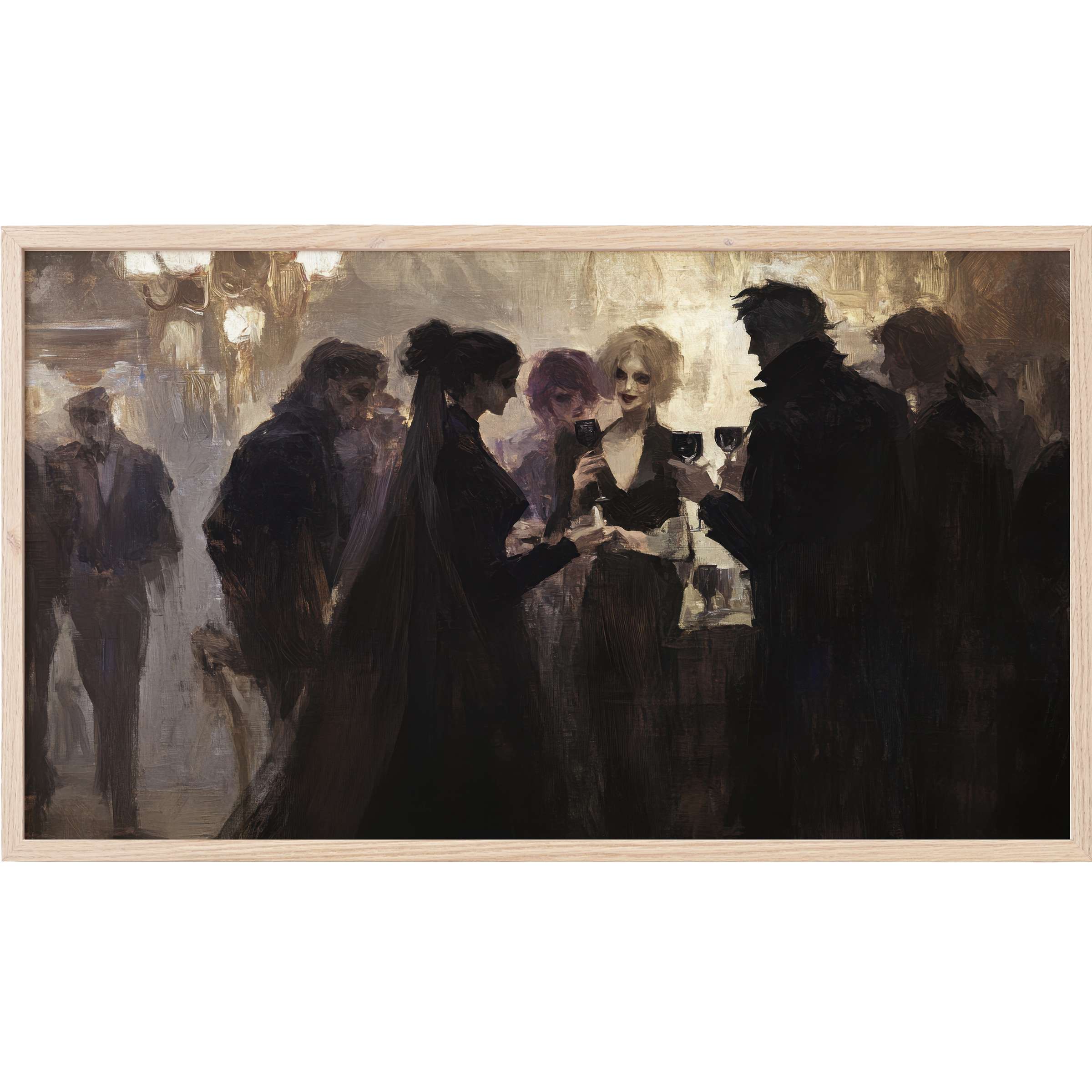 Moody, elegant gathering in dark tones with soft highlights, evoking timeless mystery - halloween Frame TV Art