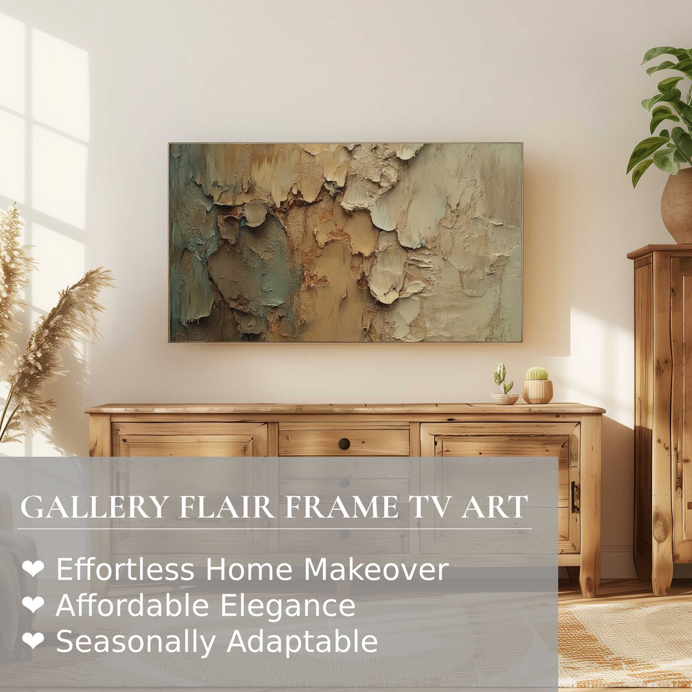 Samsung Frame TV showcasing textured, earthy, abstract digital artwork in a minimalist, warm-toned living space