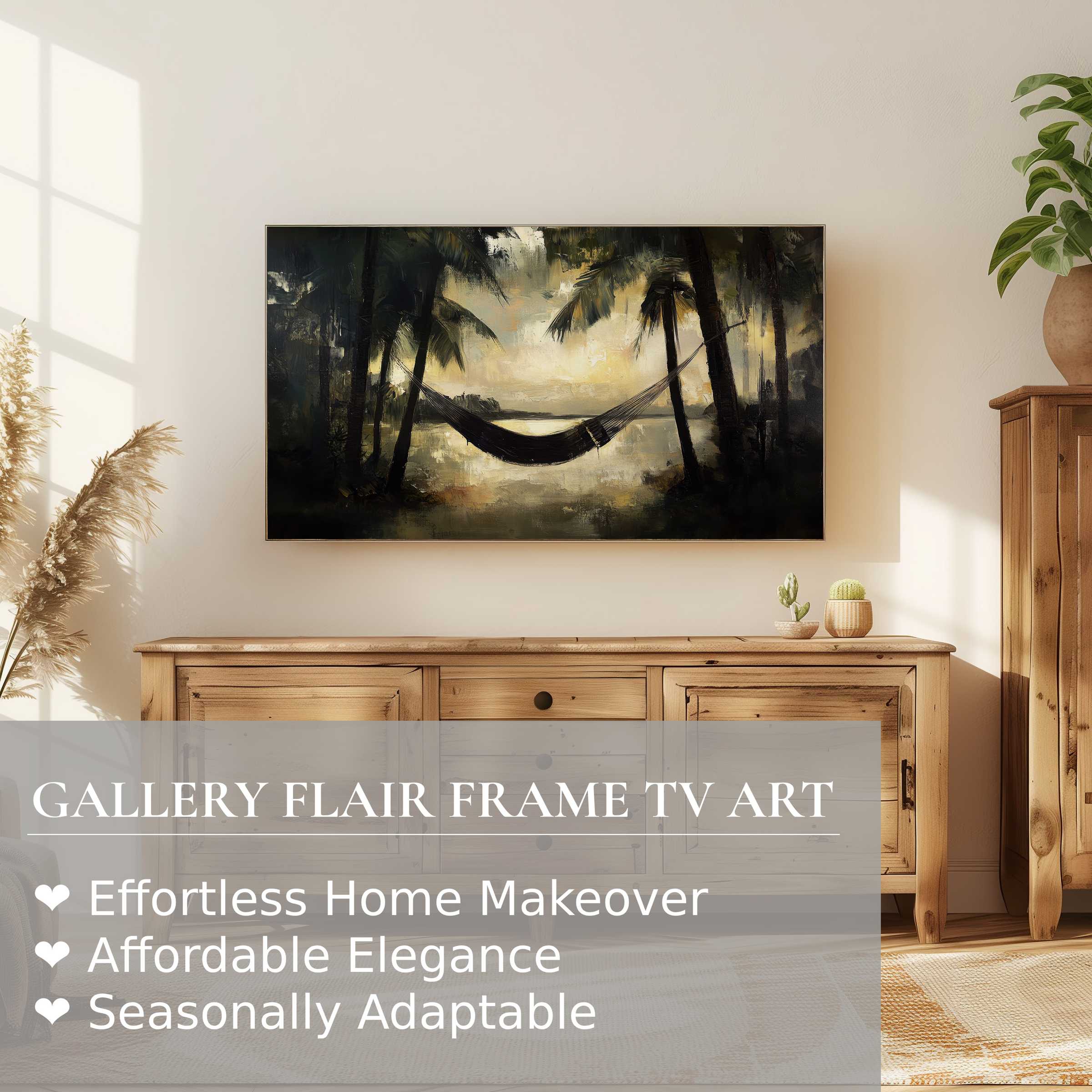 Samsung Frame TV displaying a moody beach digital artwork with a hammock, enhancing refined modern interiors