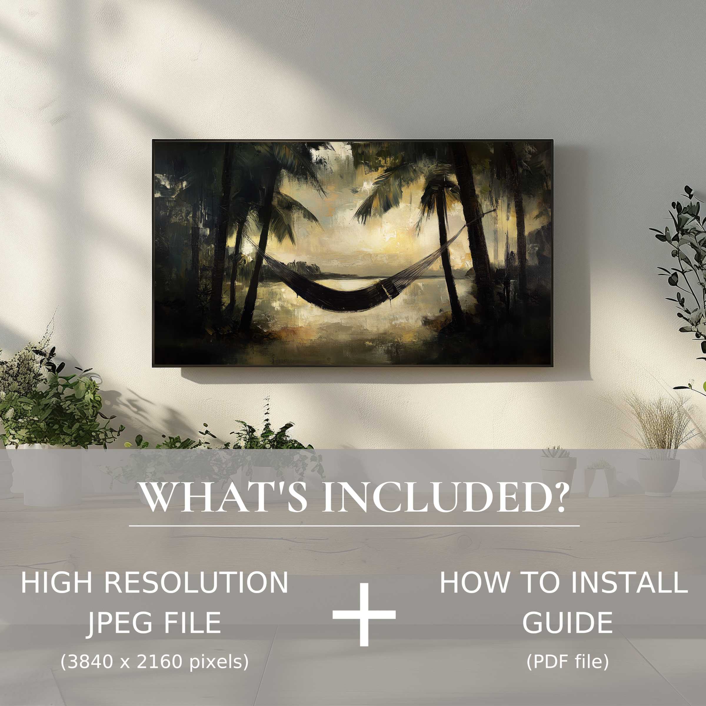 Elegant beach digital TV art download featuring a serene hammock scene, enhancing decor with effortless digital use