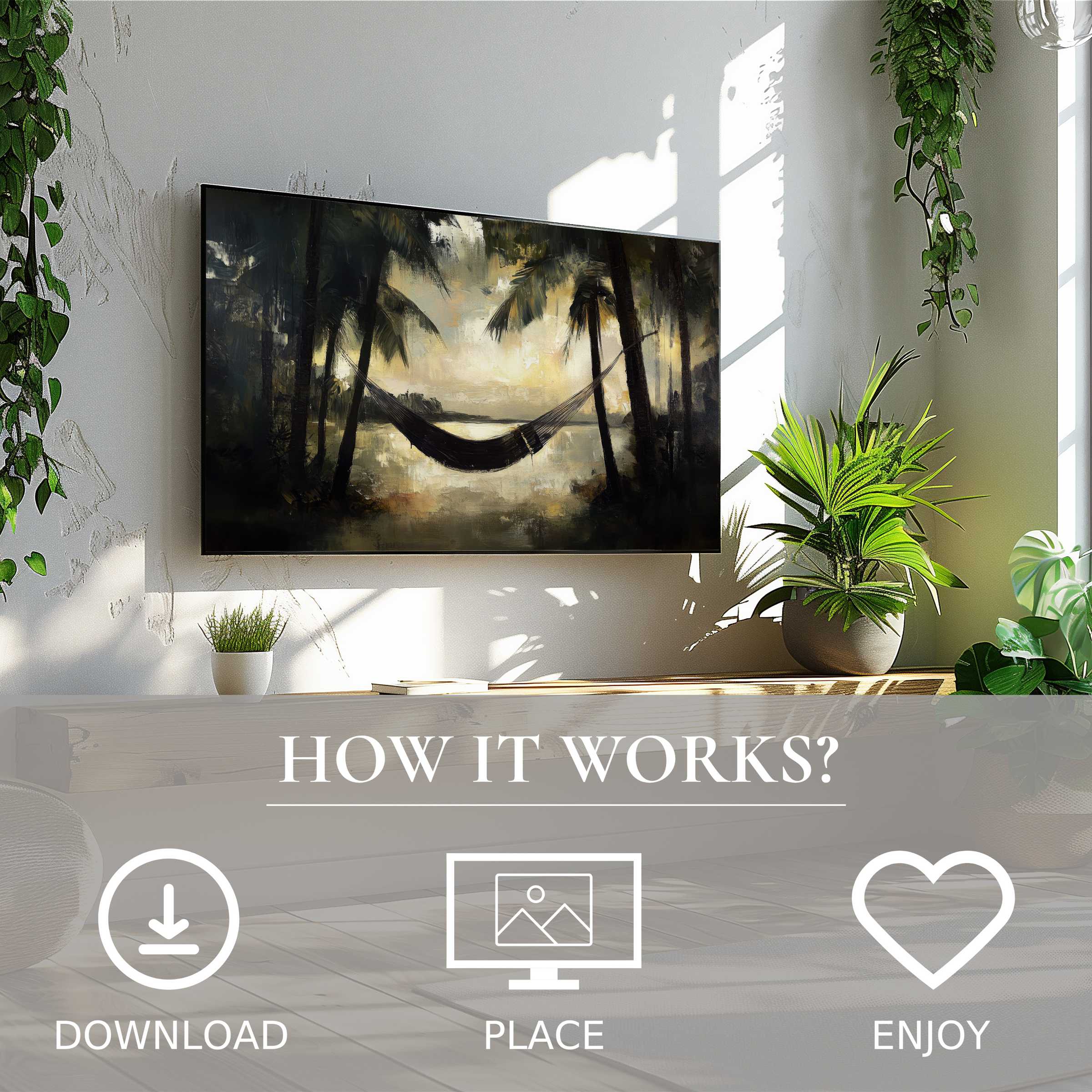 Modern living room with easy digital download beach art for Samsung TV showing soft sunset tones and palm silhouettes