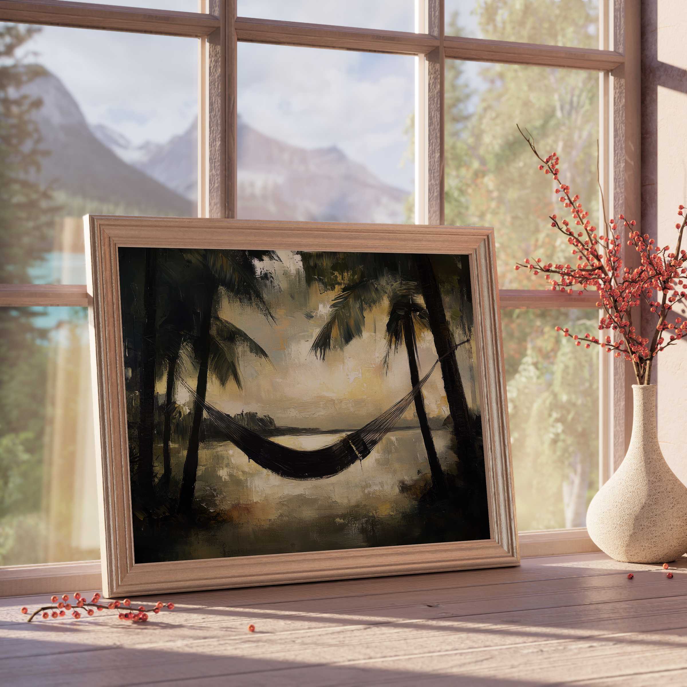 Moody beach downloadable art with serene palm silhouettes and hammock, enhancing tranquil, curated interiors with warm, coastal elegance