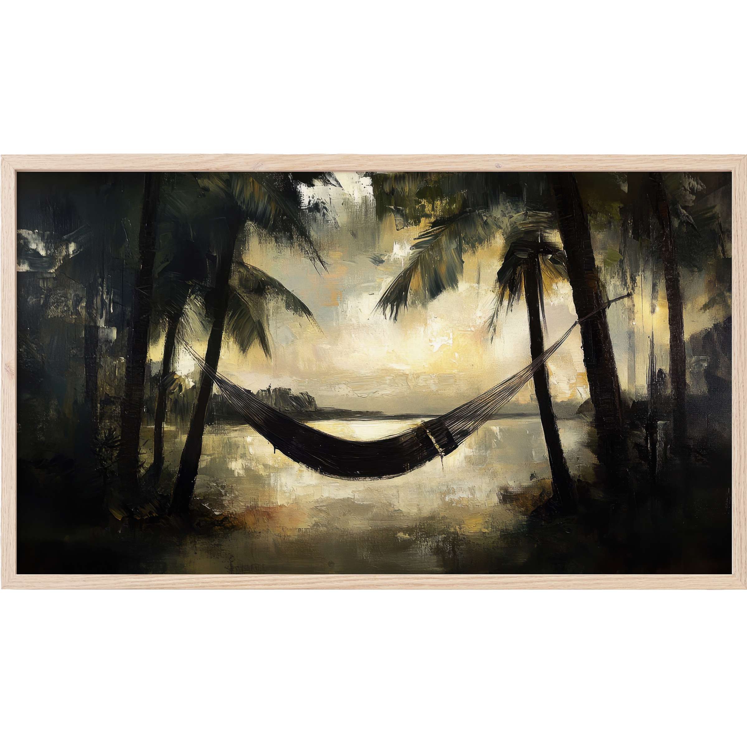 Moody tropical landscape with a hammock at dusk, rich dark greens and golds, perfect beach Frame TV Art