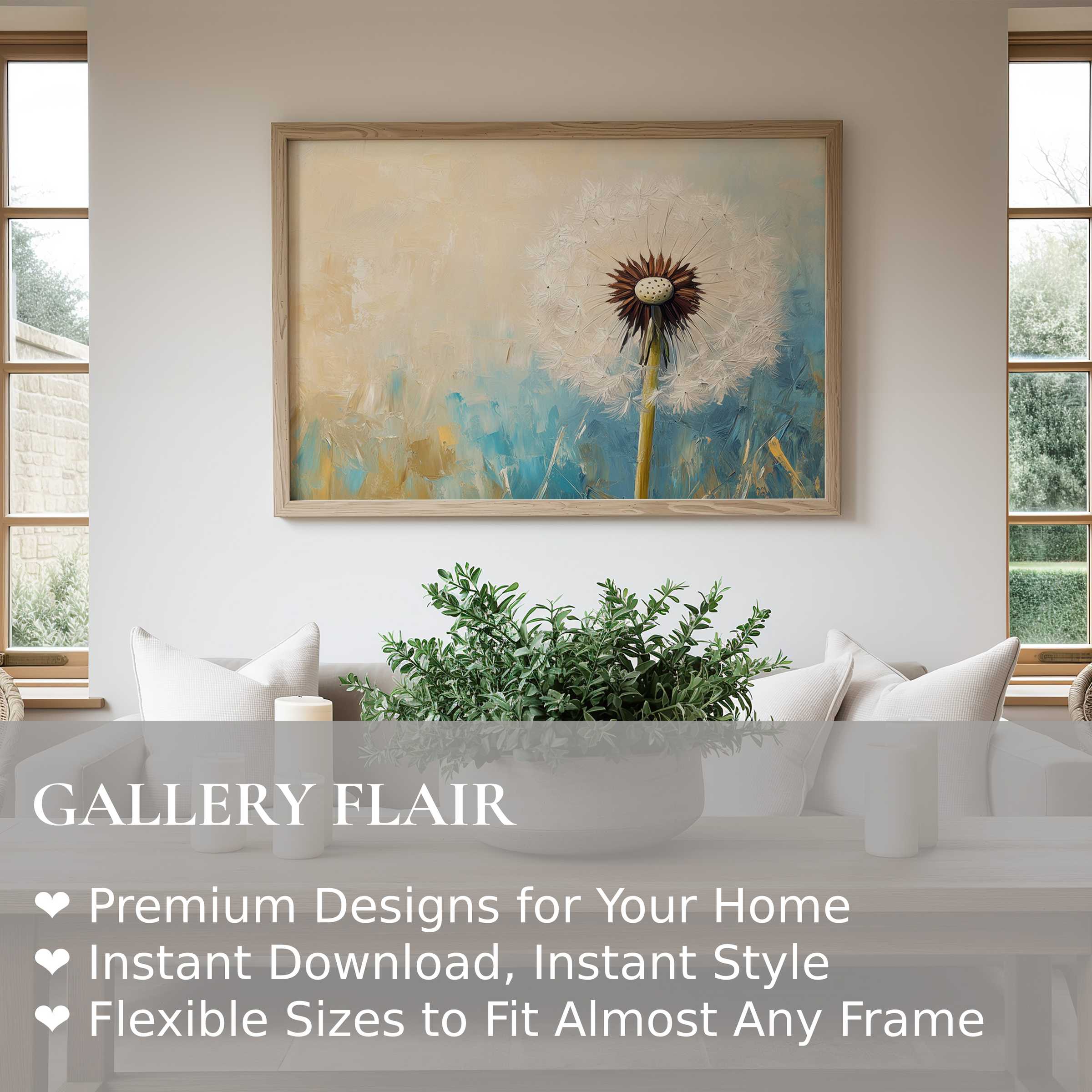 Botanical wall art print of a serene dandelion with soft beige and blue hues, enhancing a modern, tranquil living space
