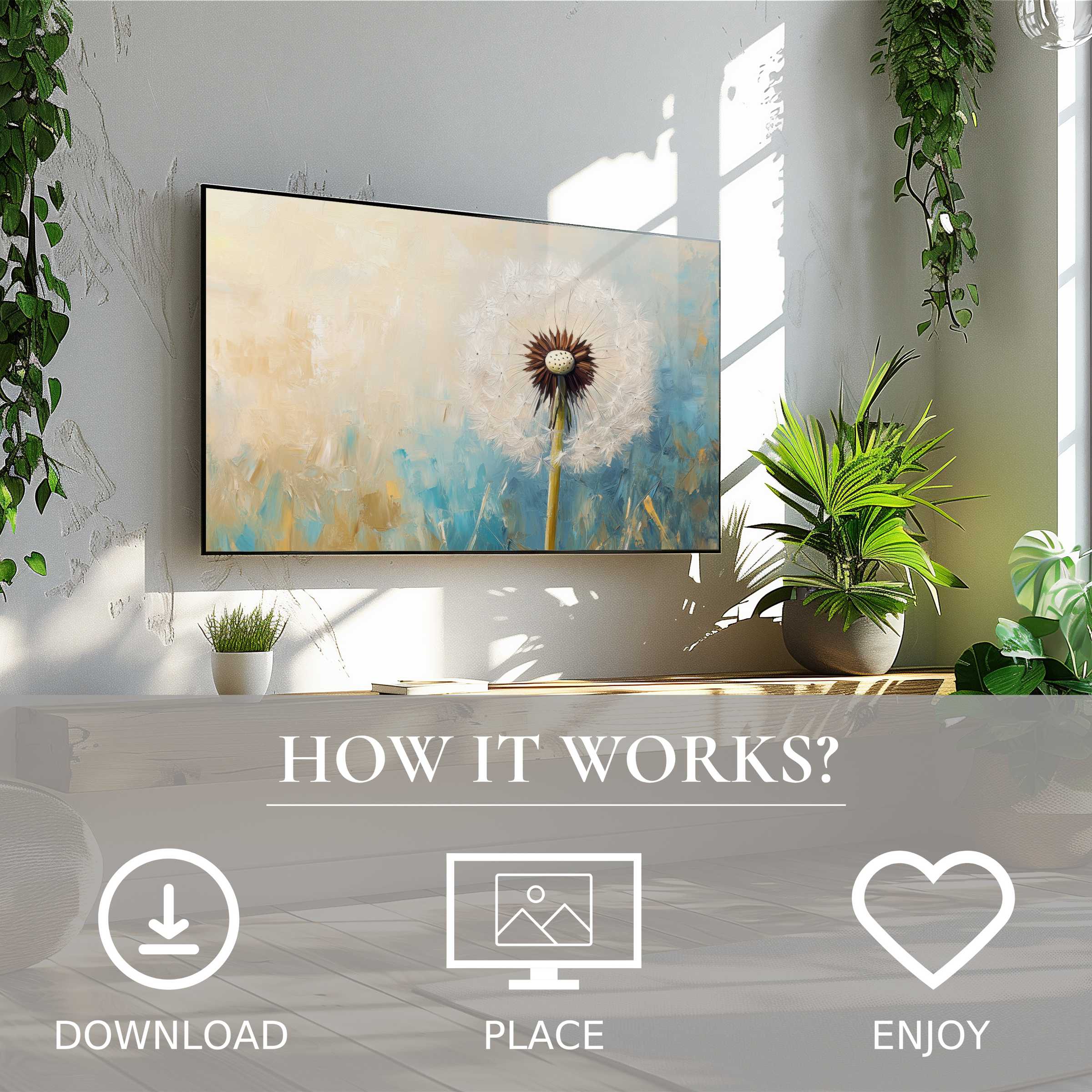 Botanical art for Samsung TV with soft blue and beige dandelion motif, easy digital download enriches modern living spaces