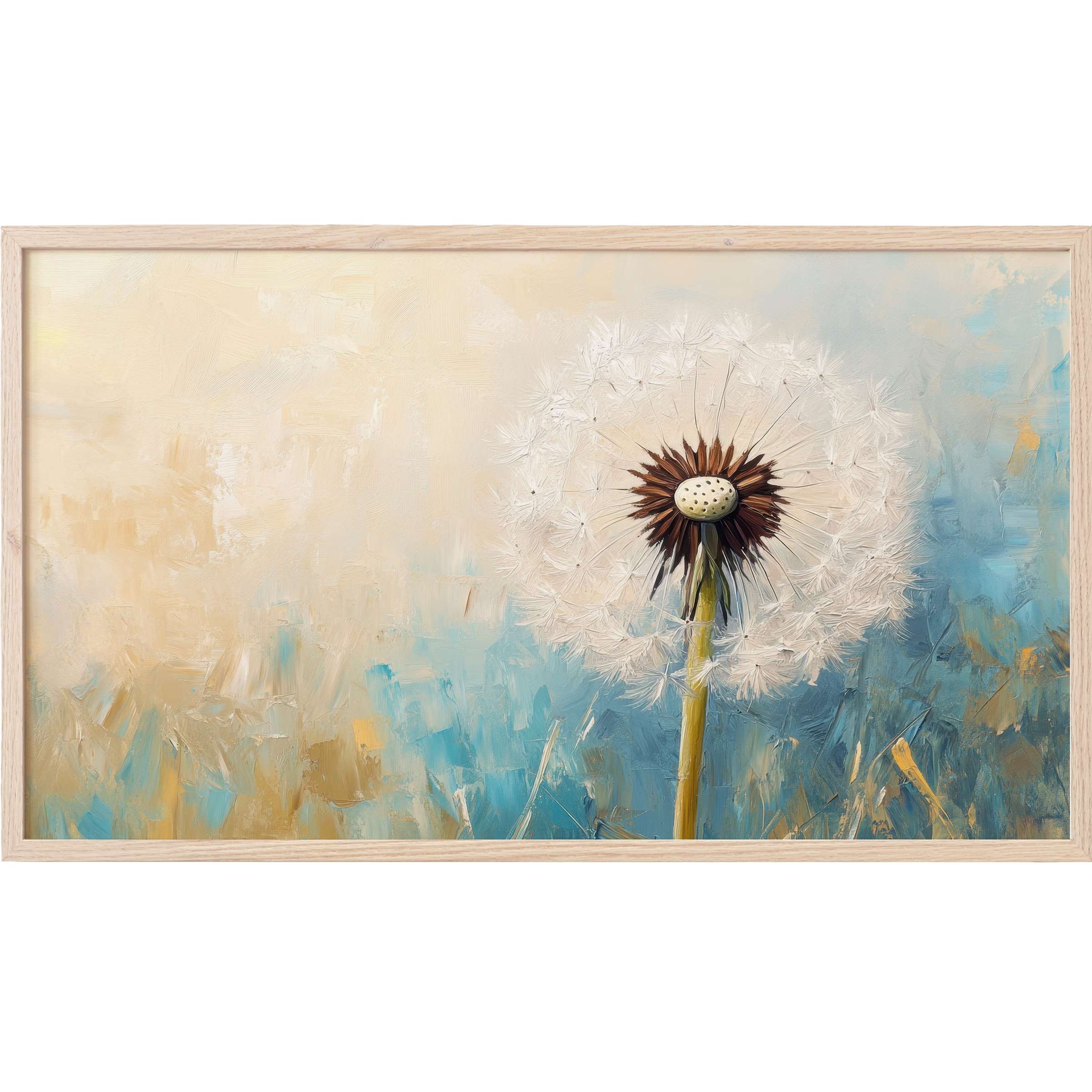 Elegant botanical Frame TV Art featuring a soft dandelion with creamy beige and muted blue brushstrokes