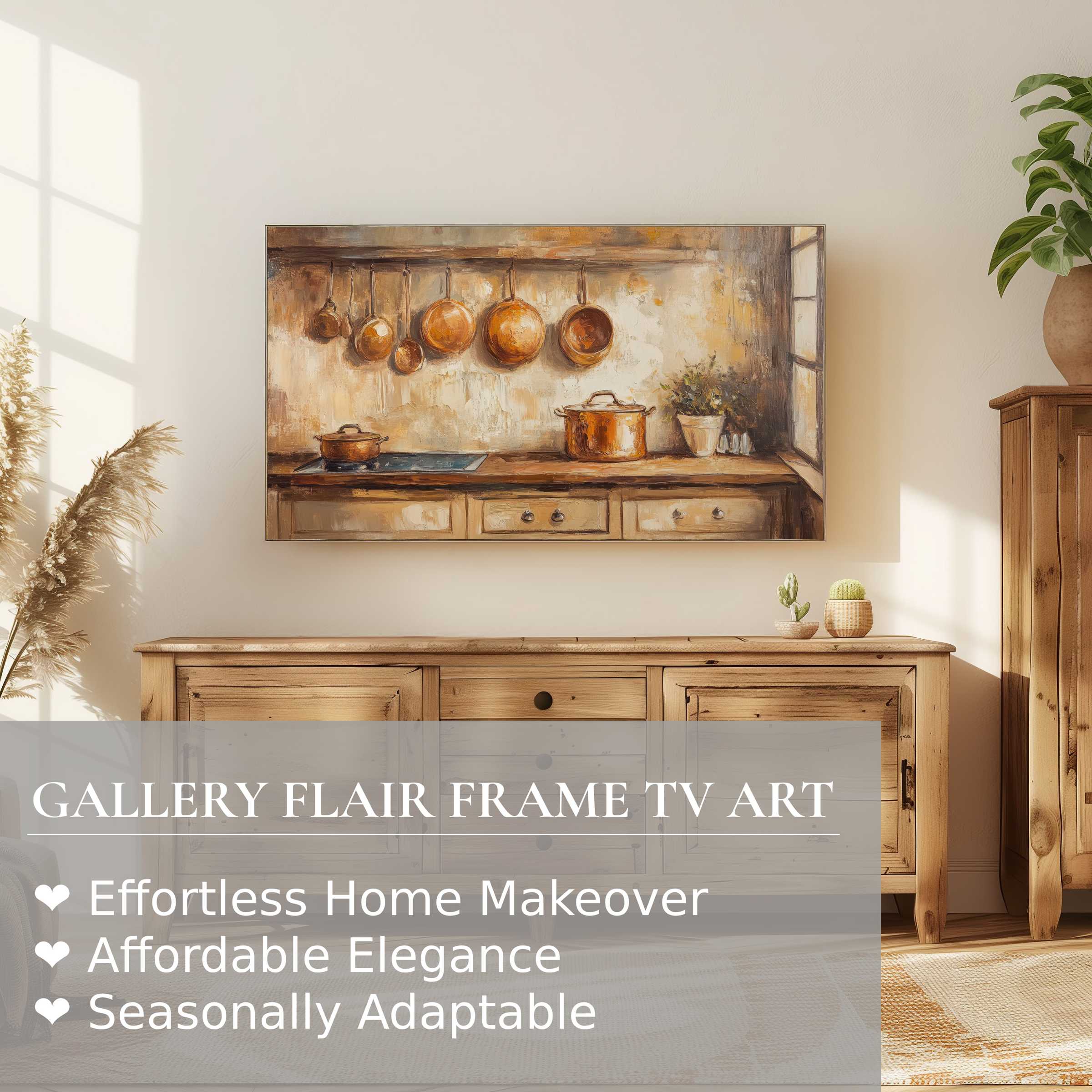 Samsung Frame TV displaying warm farmhouse digital artwork in a sunlit, elegant rustic living space