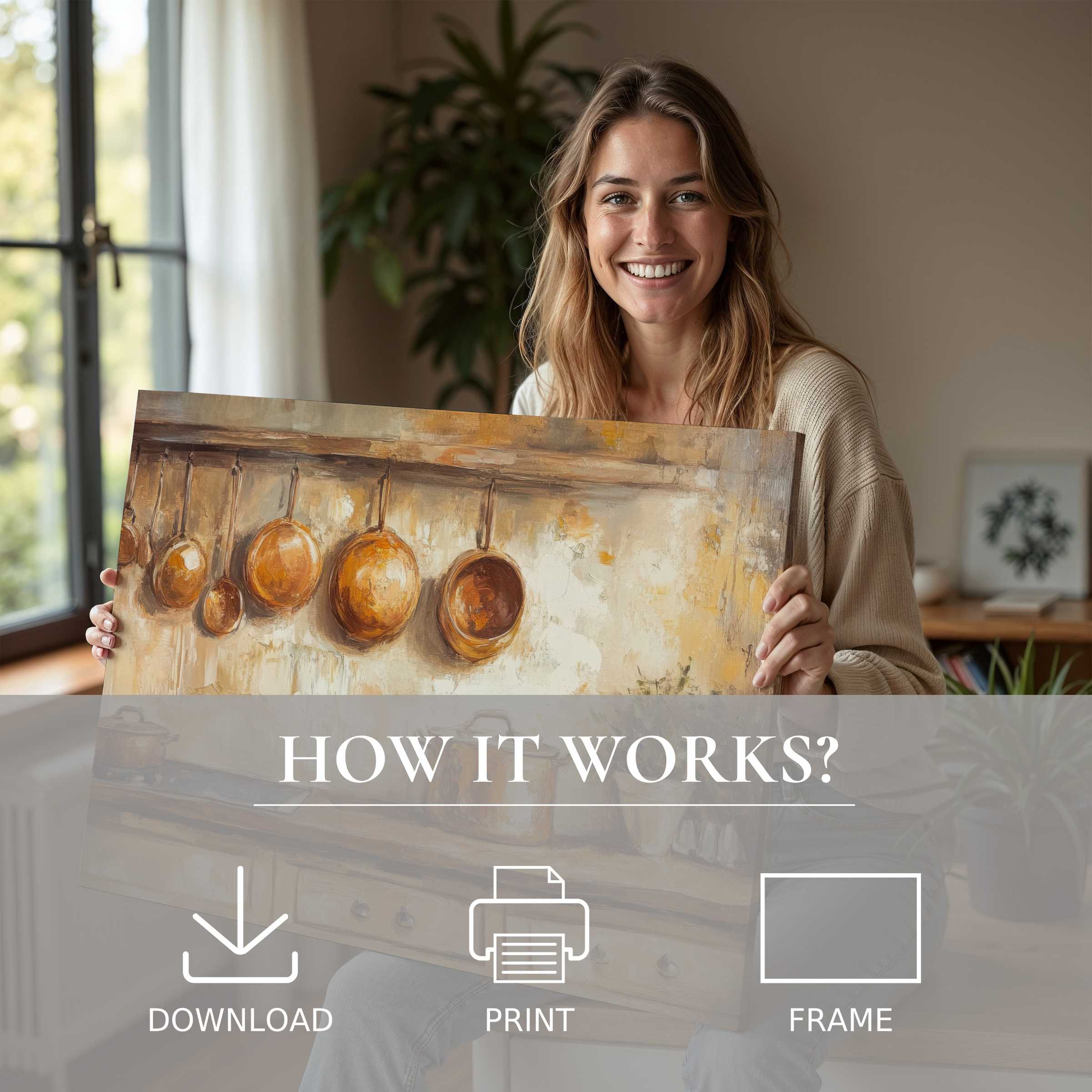 Warm farmhouse digital art print embraced in a stylish modern home, evoking joy and effortless elegance