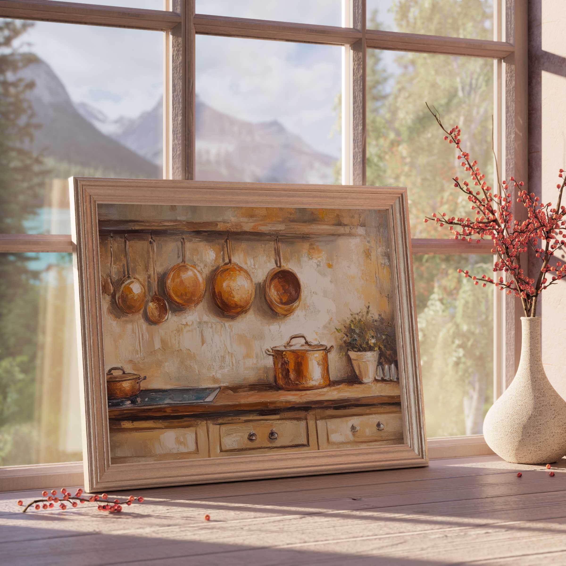 Farmhouse downloadable art capturing rustic kitchen charm with warm copper tones, enhancing serene, curated modern interiors