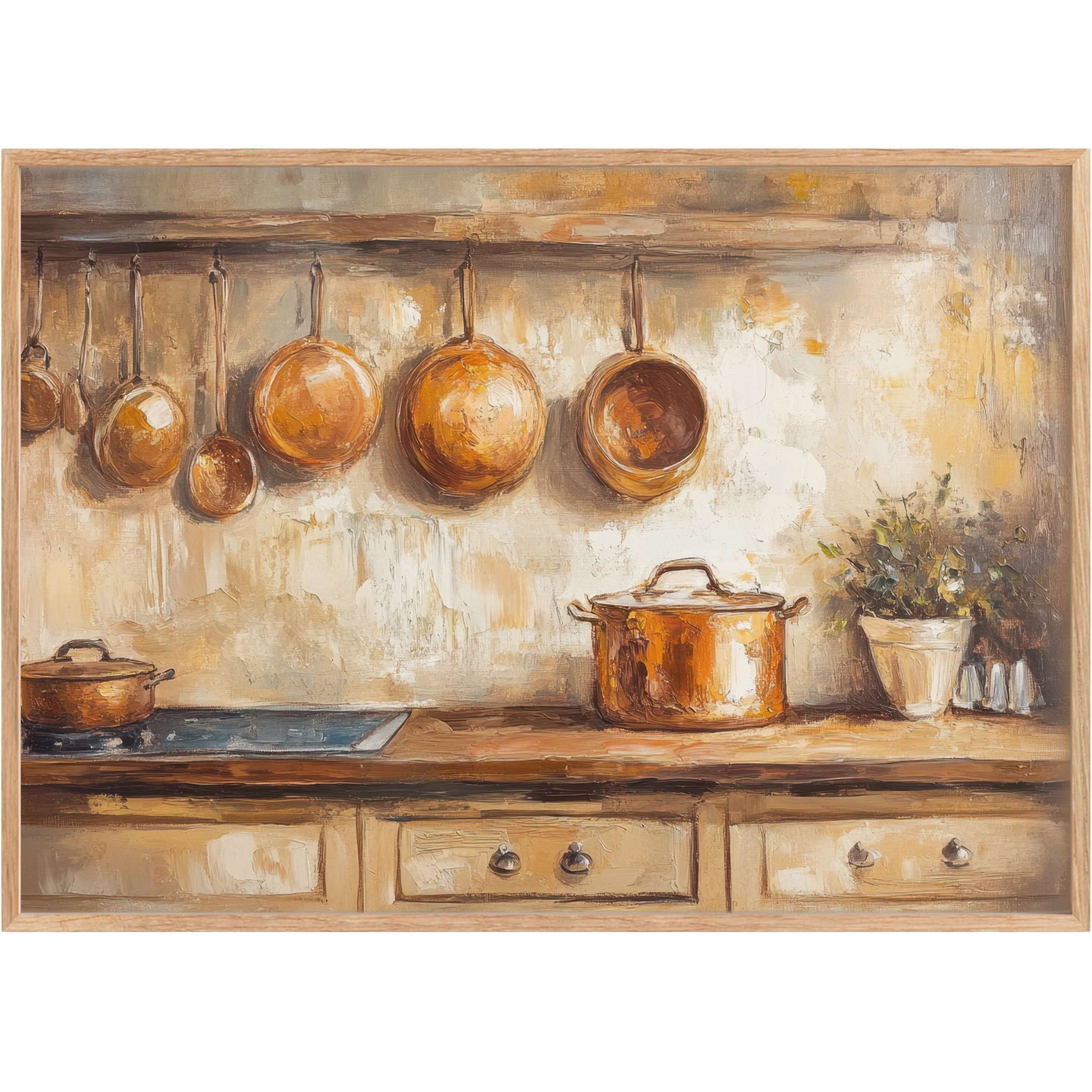 Warm and inviting farmhouse printable wall art with rustic copper hues and earthy textures, elevating cozy, timeless kitchens