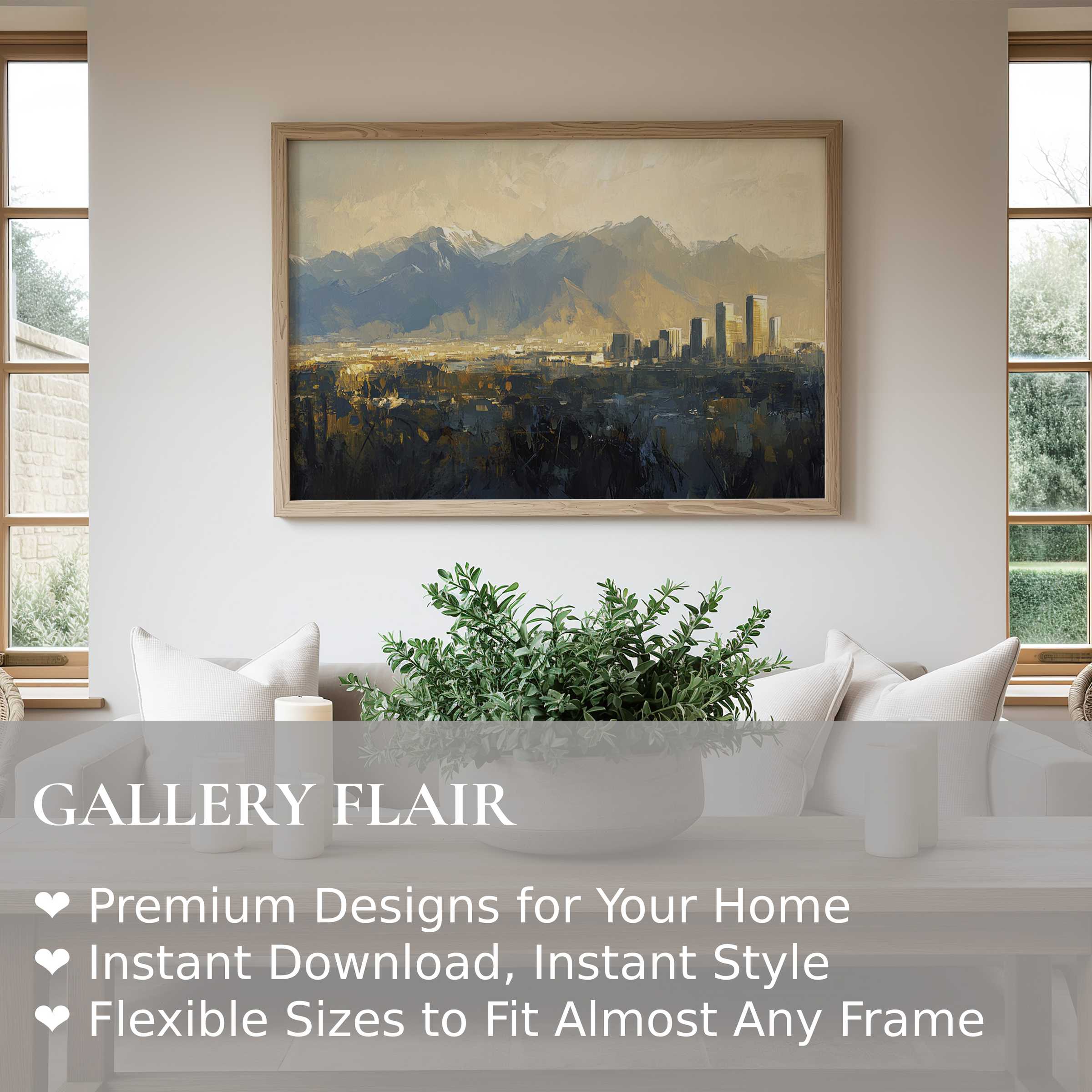 Urban art wall art print featuring a moody cityscape beneath dramatic mountains, enhancing modern minimalist interiors with bold, serene elegance