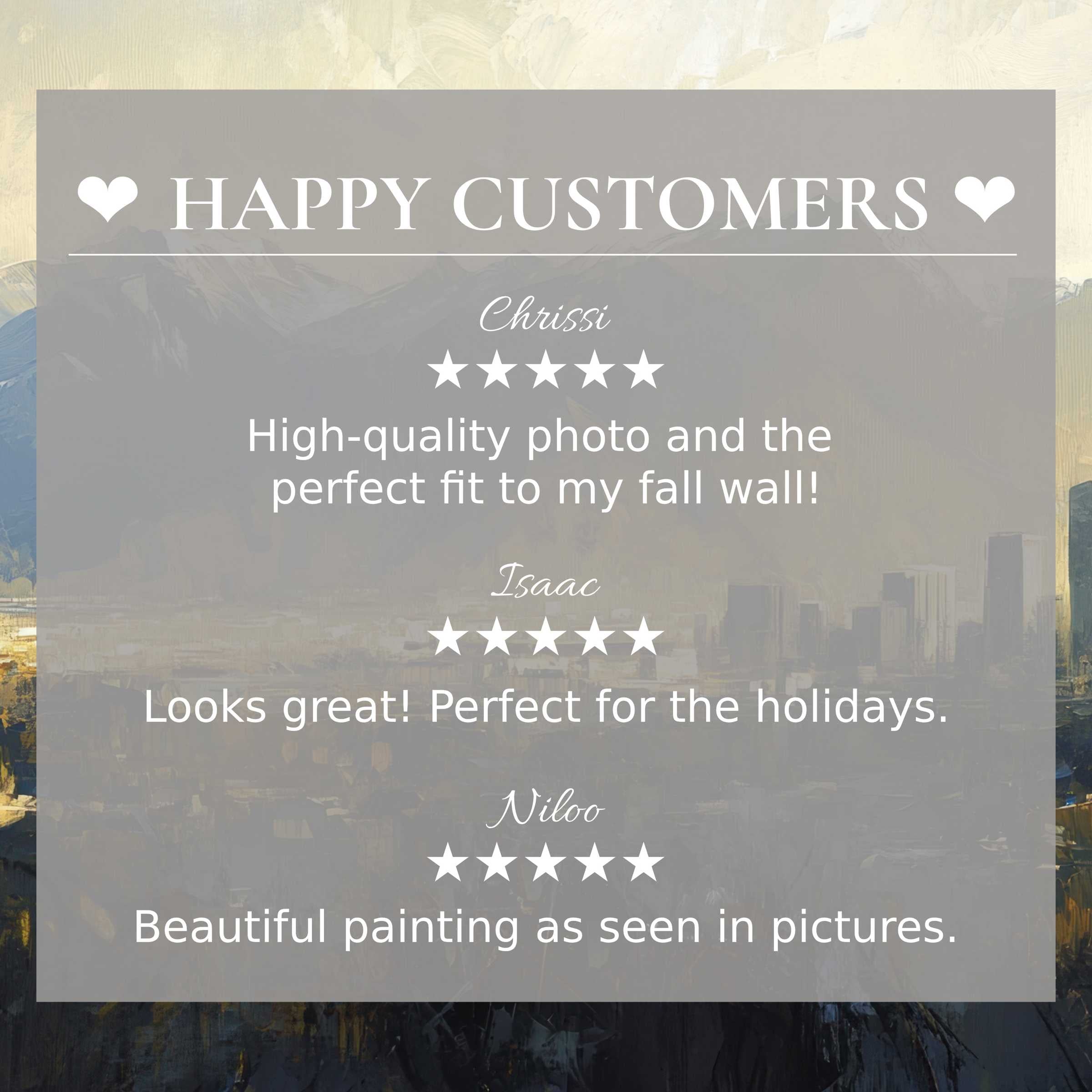 Urban art for Frame TV with abstract sunset hues, showcasing happy customer reviews and elegant, trusted design