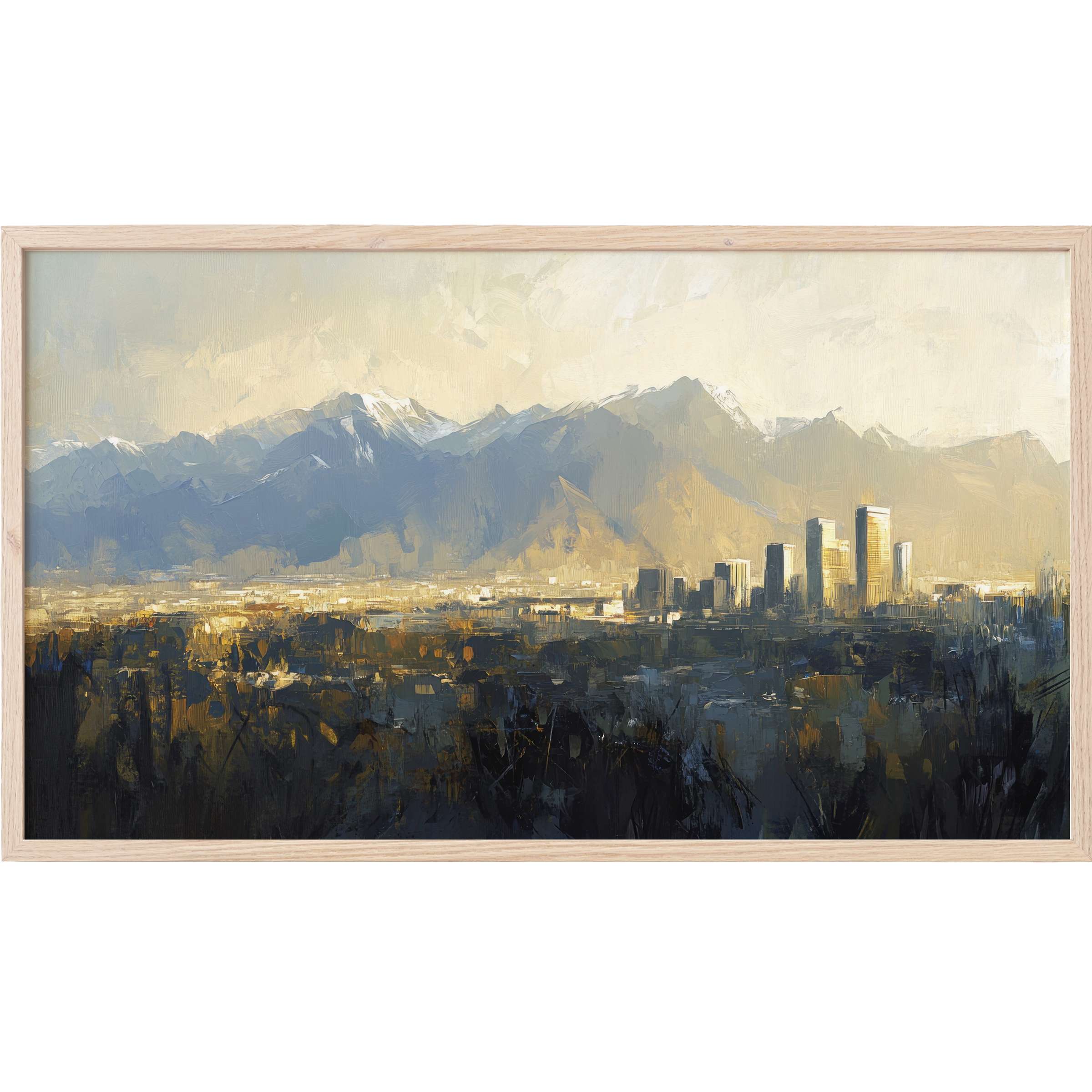 Elegant cityscape with golden light and blue mountains, textured brushstrokes define urban Frame TV Art in muted tones