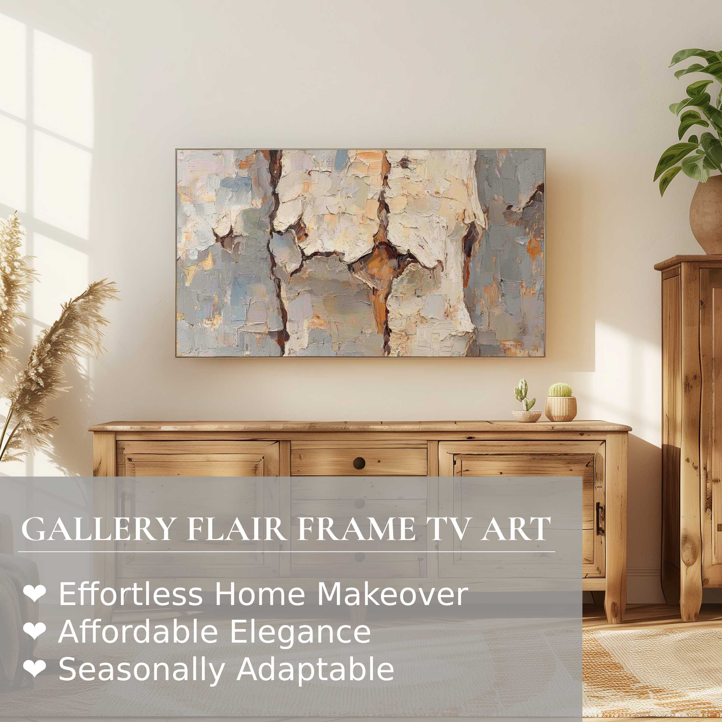 Modern living room with warm wood tones featuring a Samsung Frame TV displaying textured tree digital artwork
