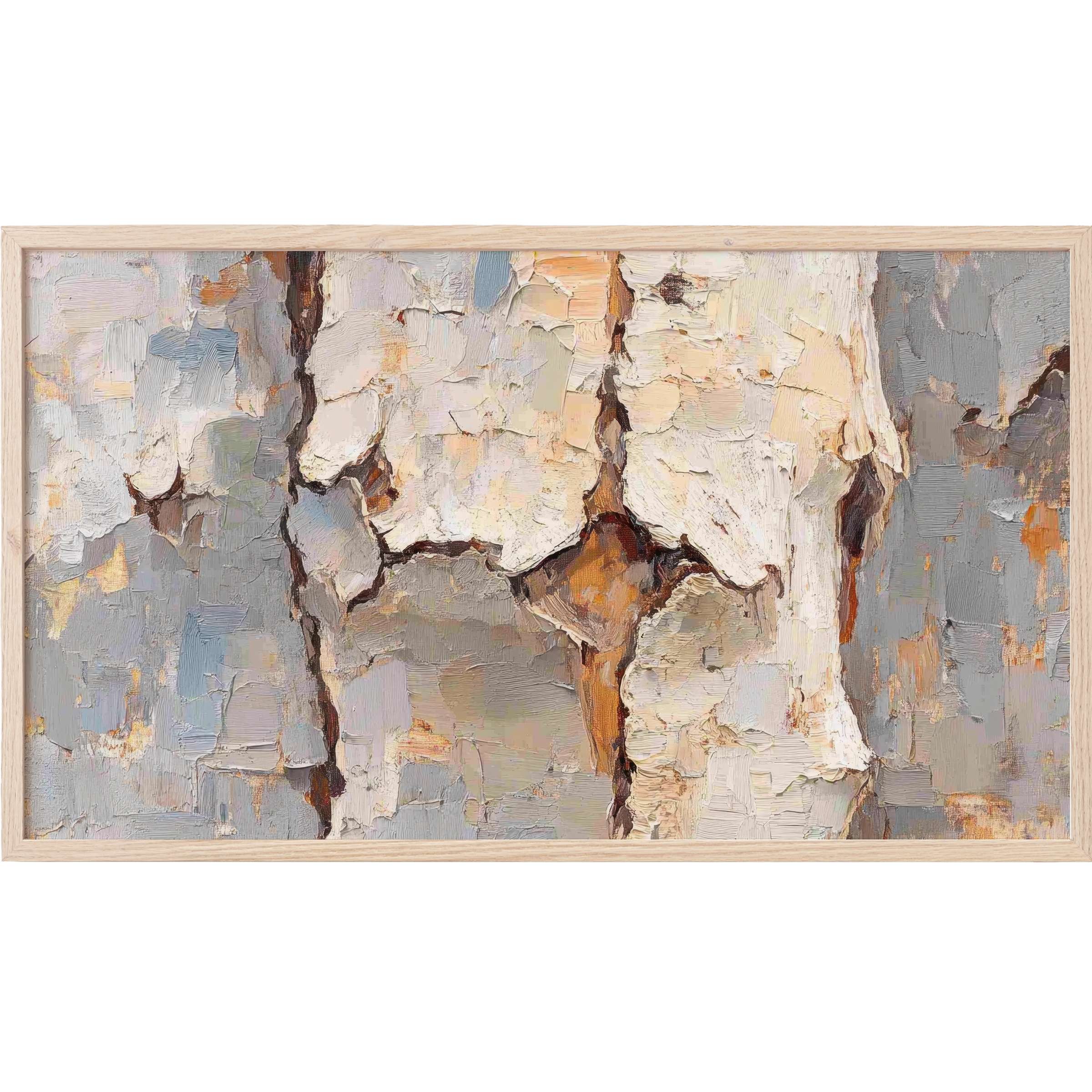 Abstract textured bark in muted gray, beige, and warm tones, framed with natural wood; a refined tree Frame TV Art