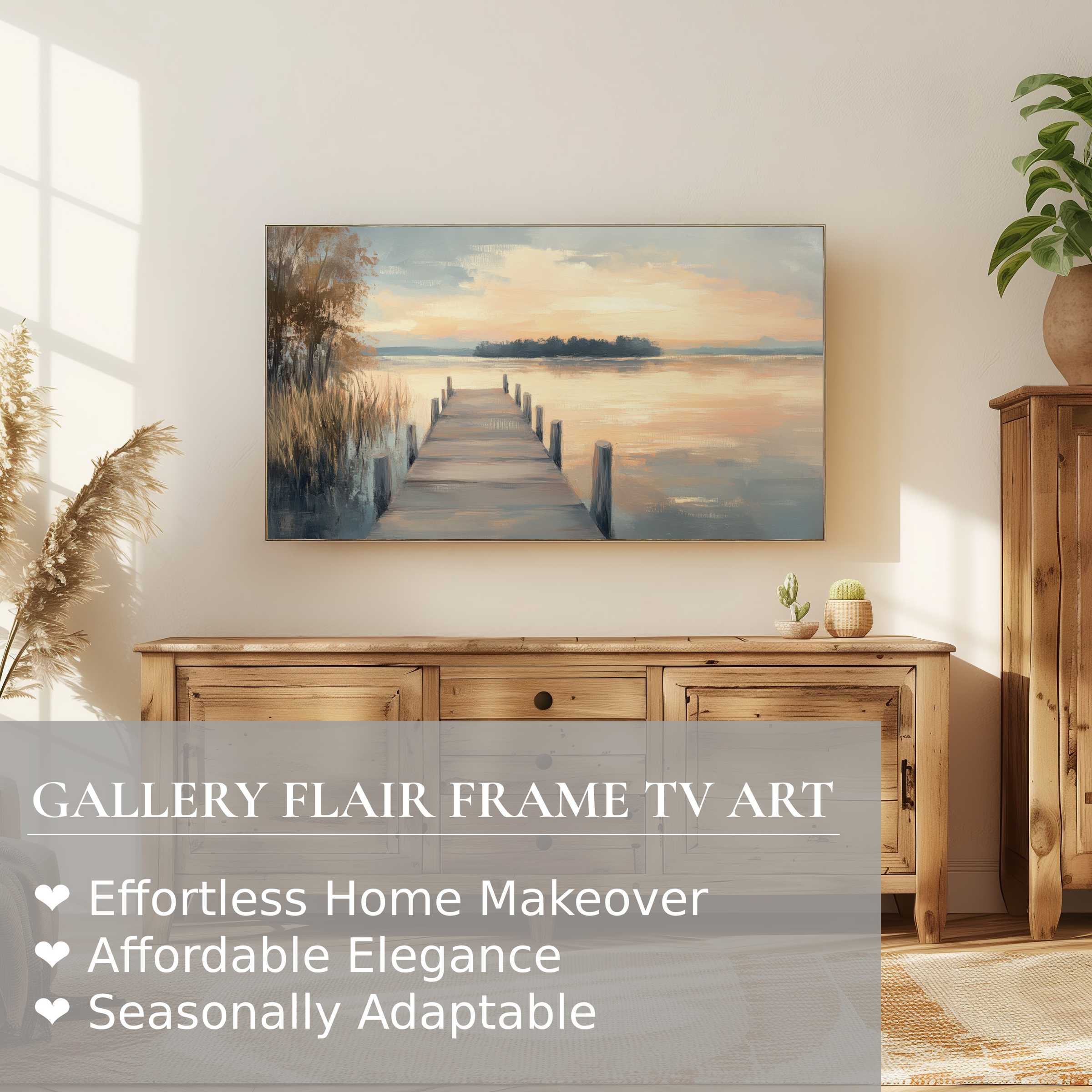 Samsung Frame TV displaying coastal digital artwork in a serene, elegant room with natural wood and soft light