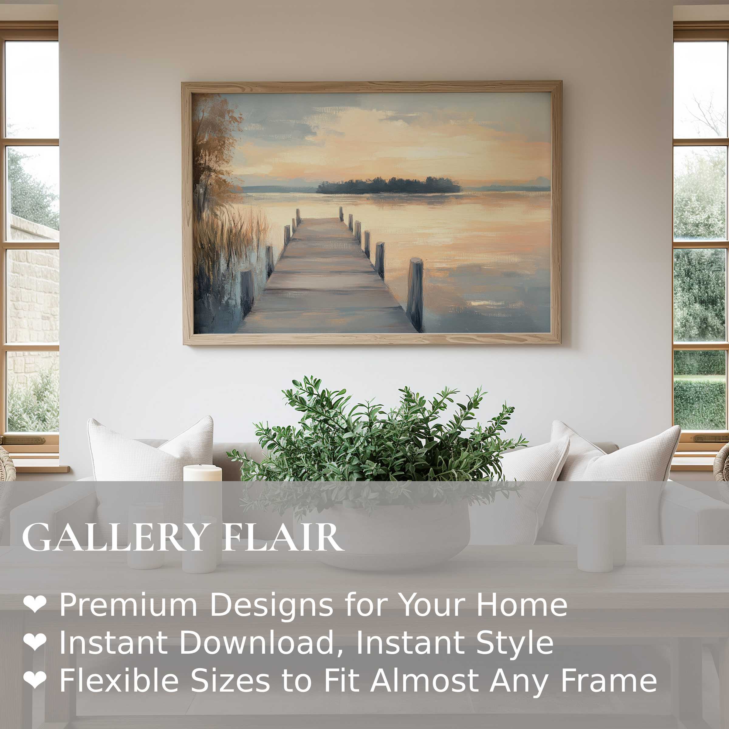 Coastal wall art print of a serene pier at sunset, evoking calm and warmth in a modern, airy living room