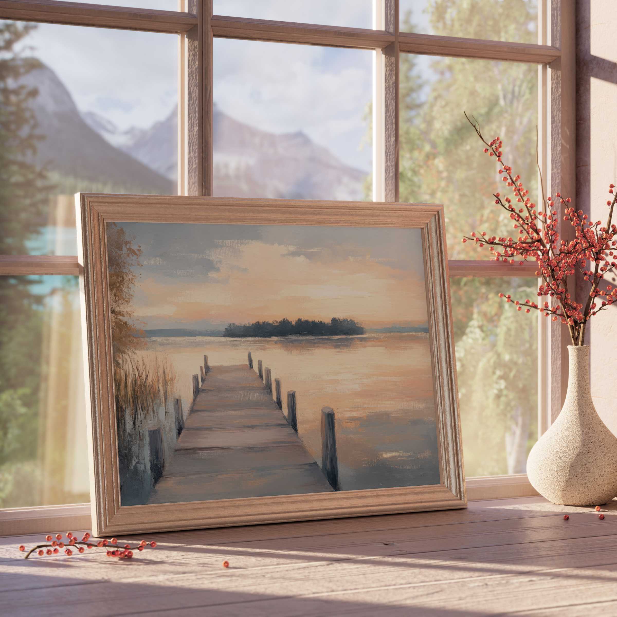 Coastal downloadable art capturing a serene dock at sunset, infusing tranquil elegance into curated premium interiors