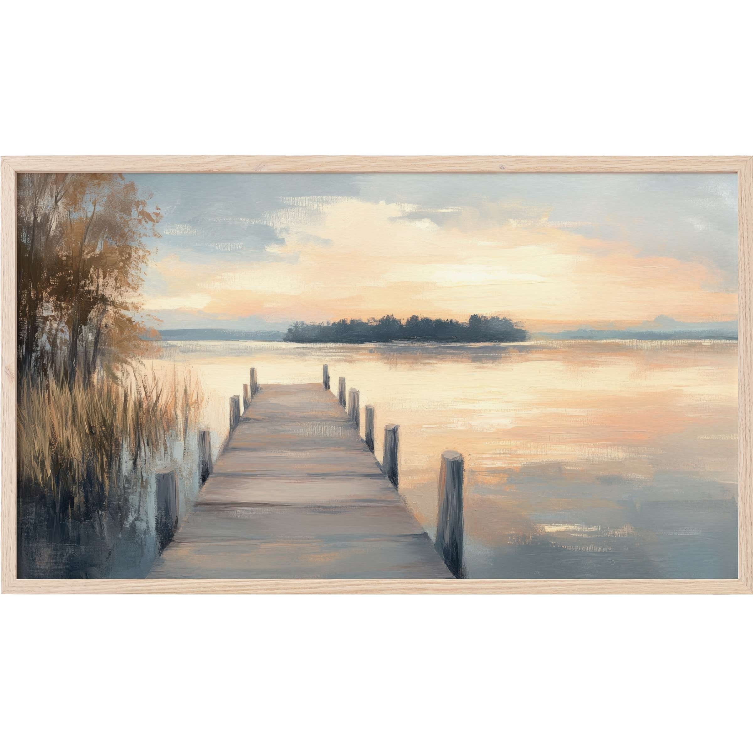 Serene dock at sunset with soft blues and warm golds in a minimalist coastal Frame TV Art style