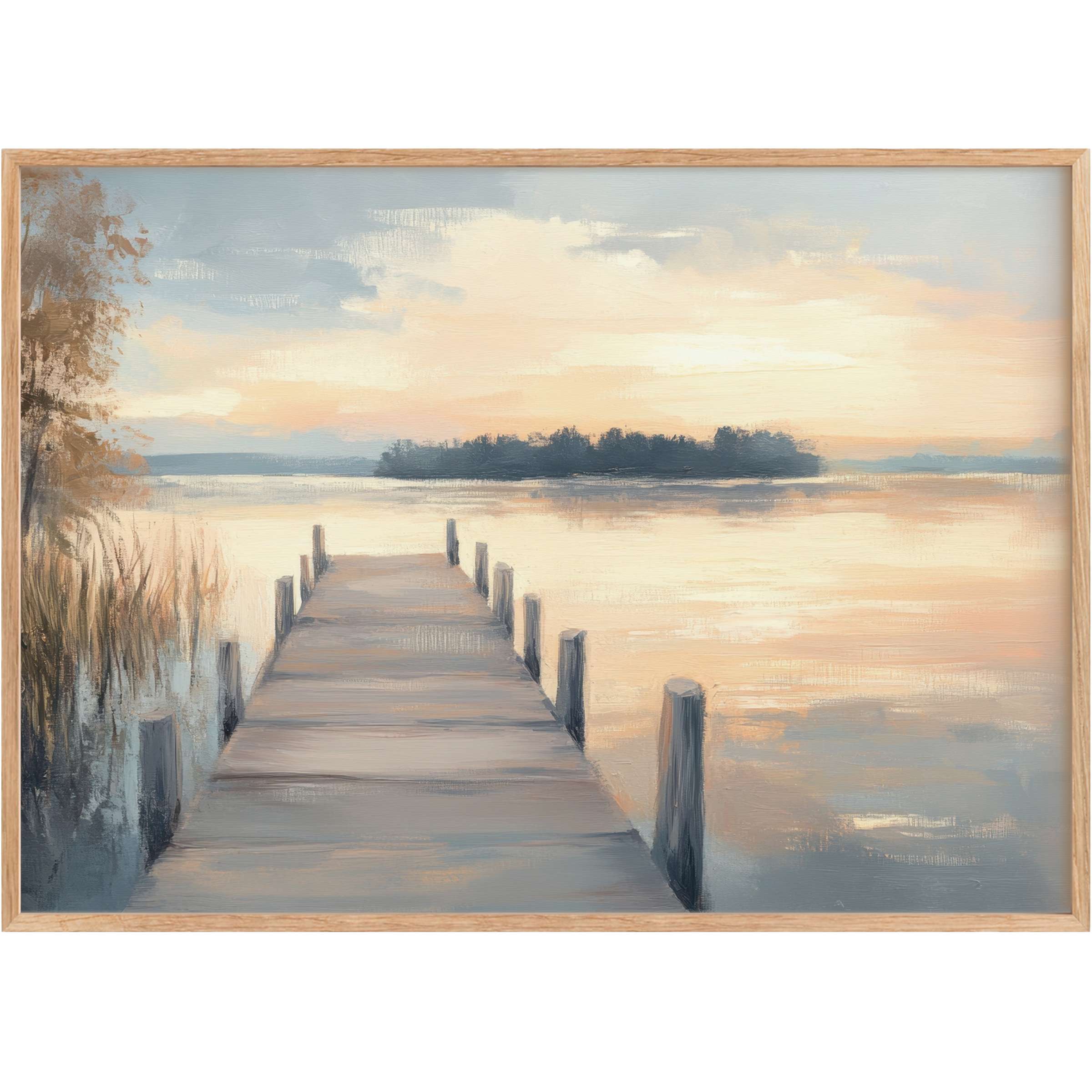 Coastal printable wall art capturing a serene dock at sunset, blending soft blues and warm peaches for a calming, elegant ambiance