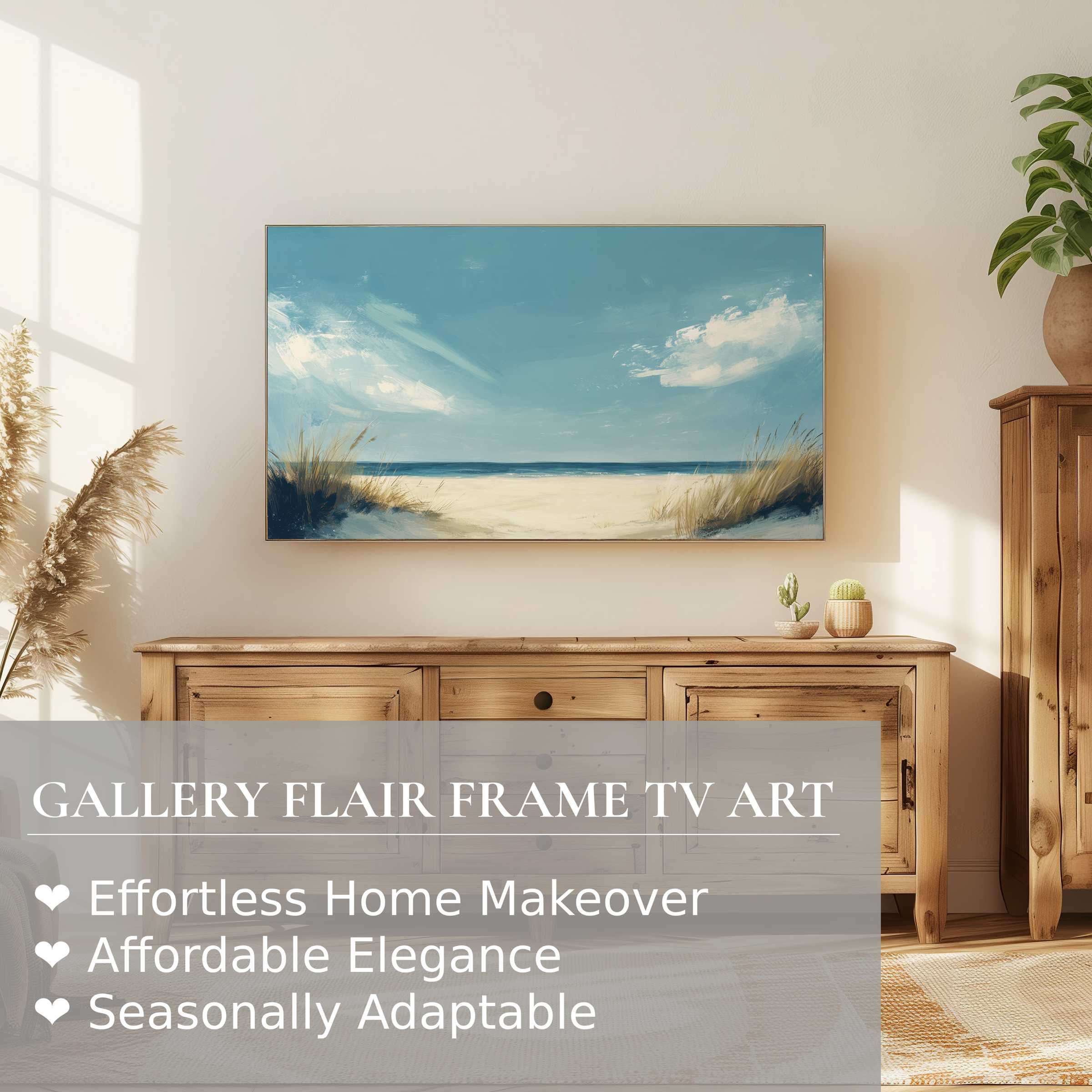 Samsung Frame TV displays serene summer digital artwork of beach dunes in a modern, elegant living space