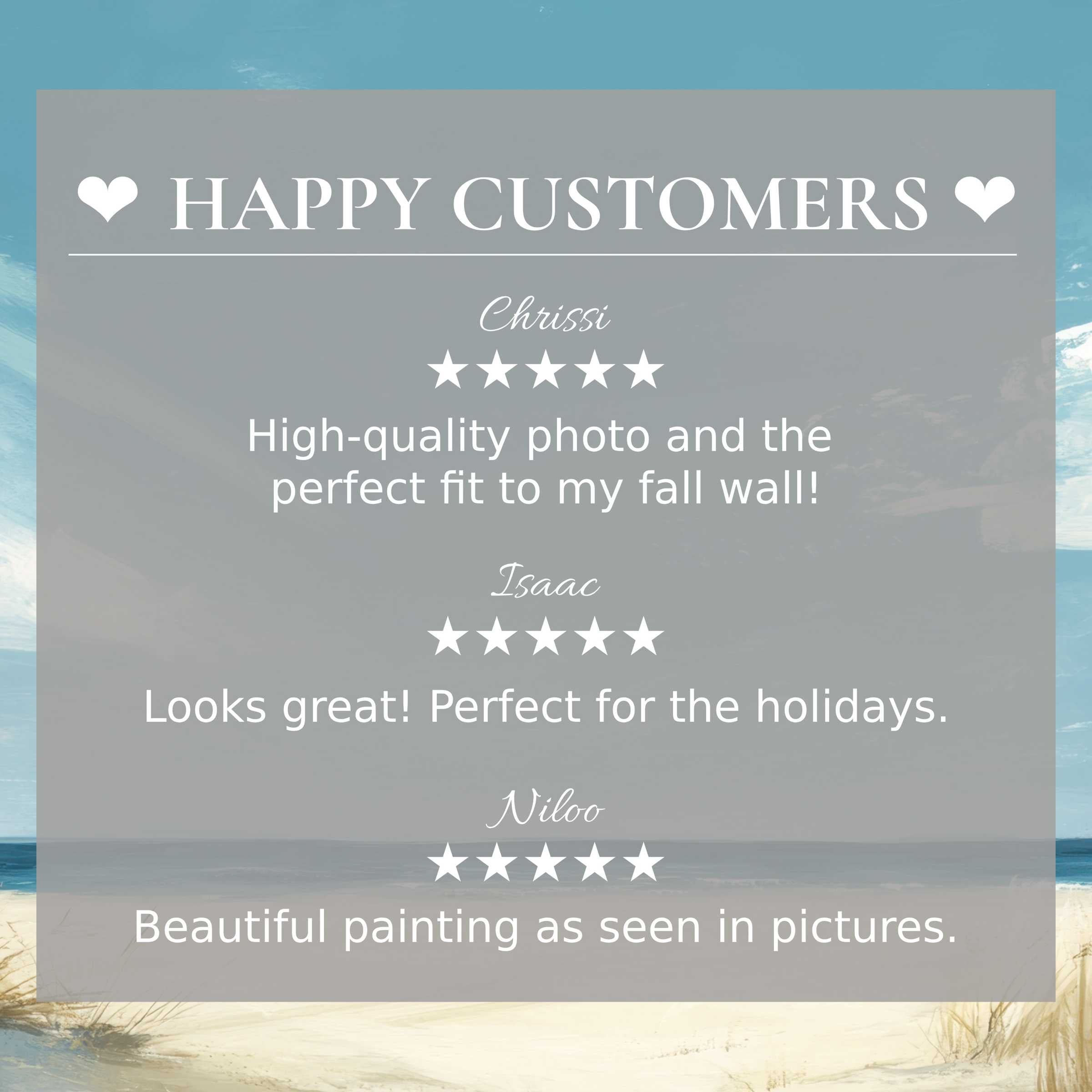 Happy customer reviews highlight trust and elegance of summer art for Frame TV with serene beach background