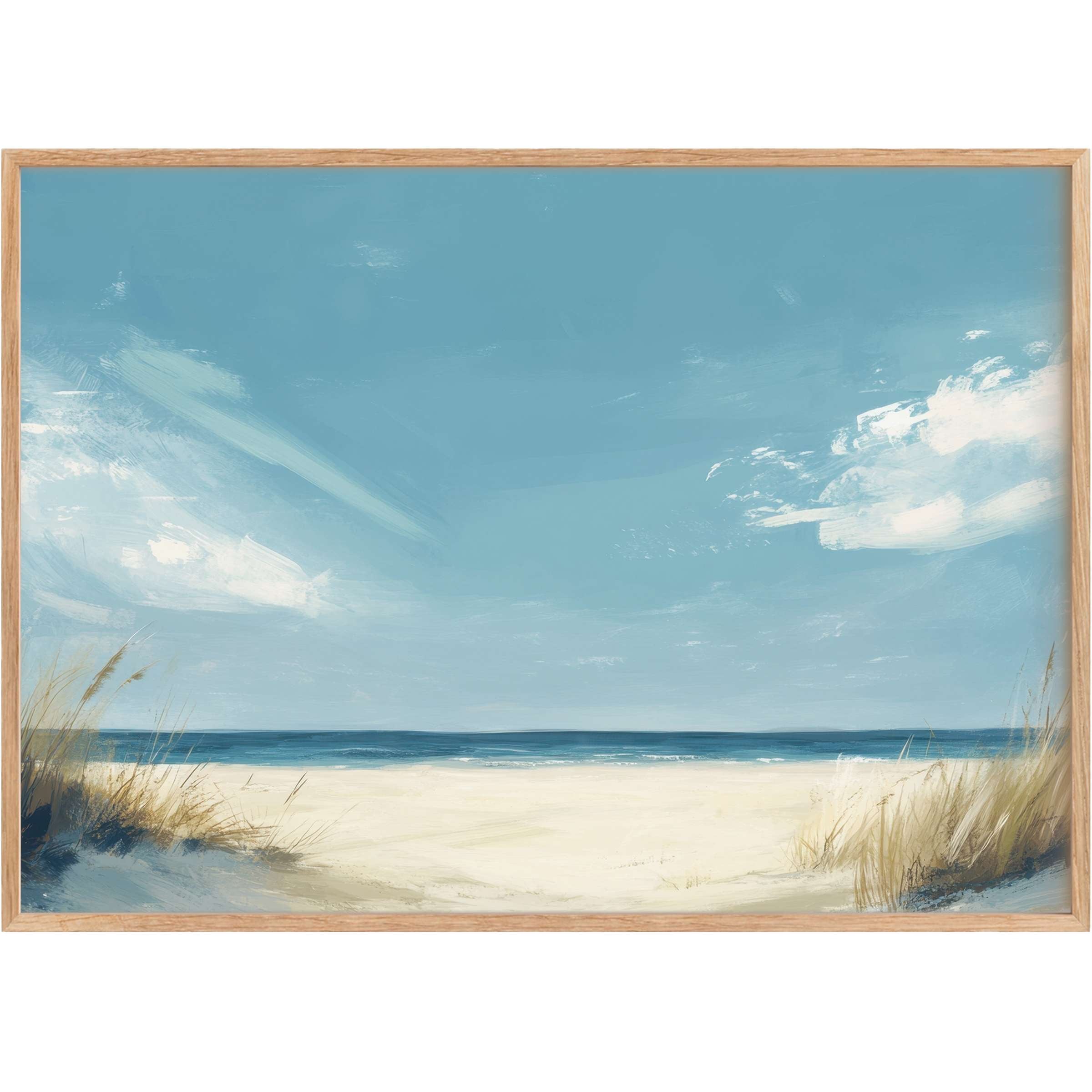 Serene summer printable wall art capturing tranquil sandy dunes and soft blue skies, evoking calm coastal elegance
