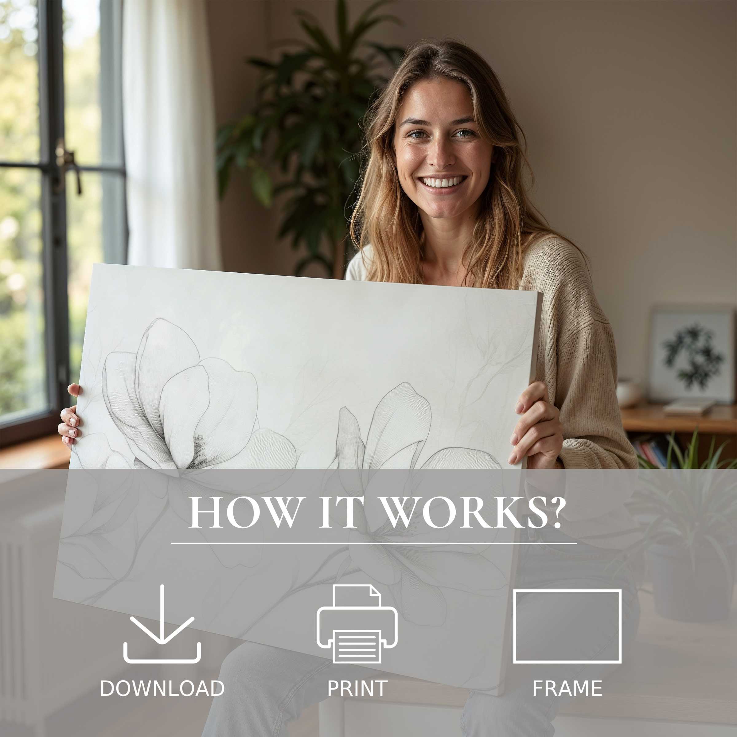 A radiant moment of connection and joy unfolds as a woman reveals a delicate floral digital art print, enhancing her serene, modern living space with effortless elegance