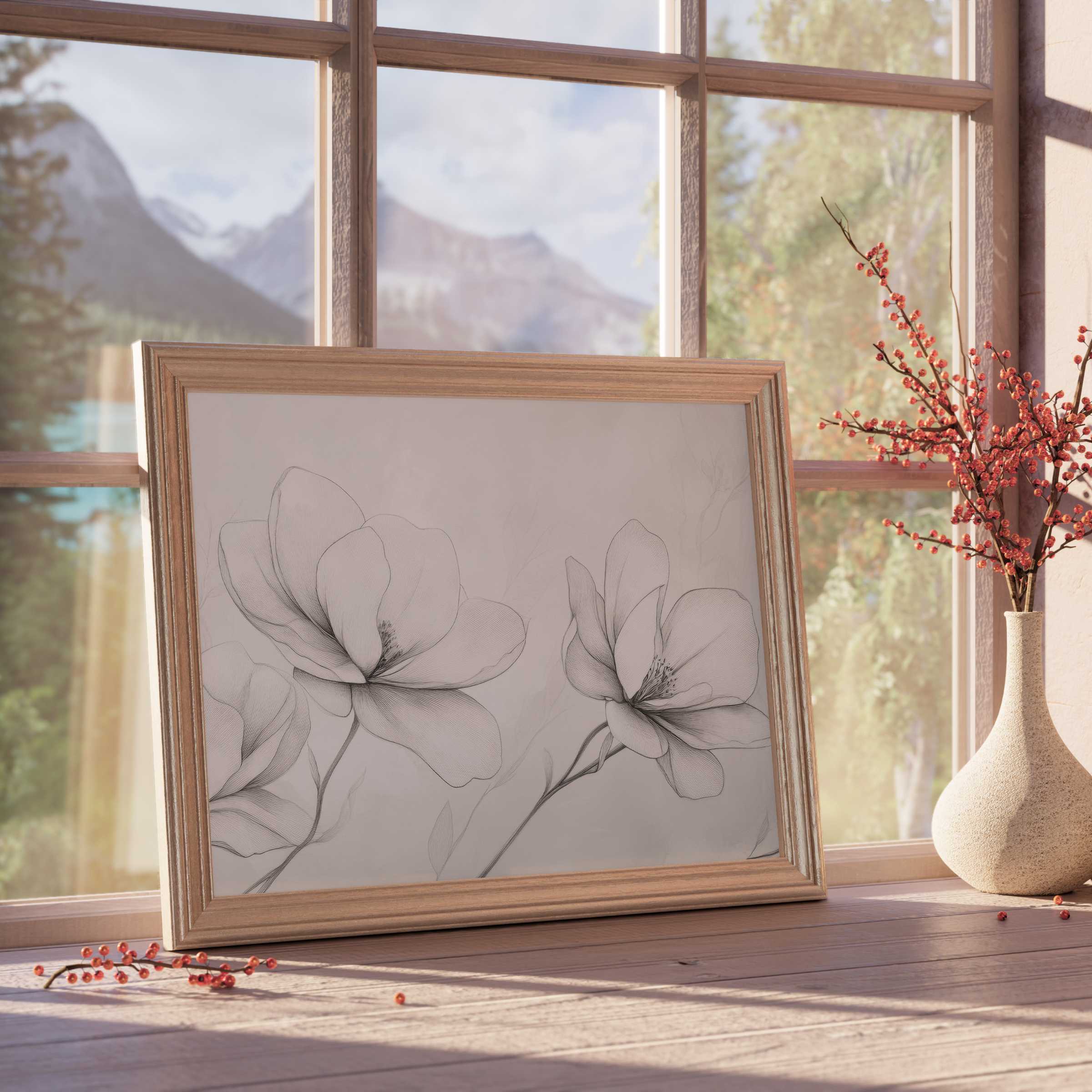 Elegant floral downloadable art with delicate monochrome blooms, enhancing serene, curated interiors with timeless botanical beauty