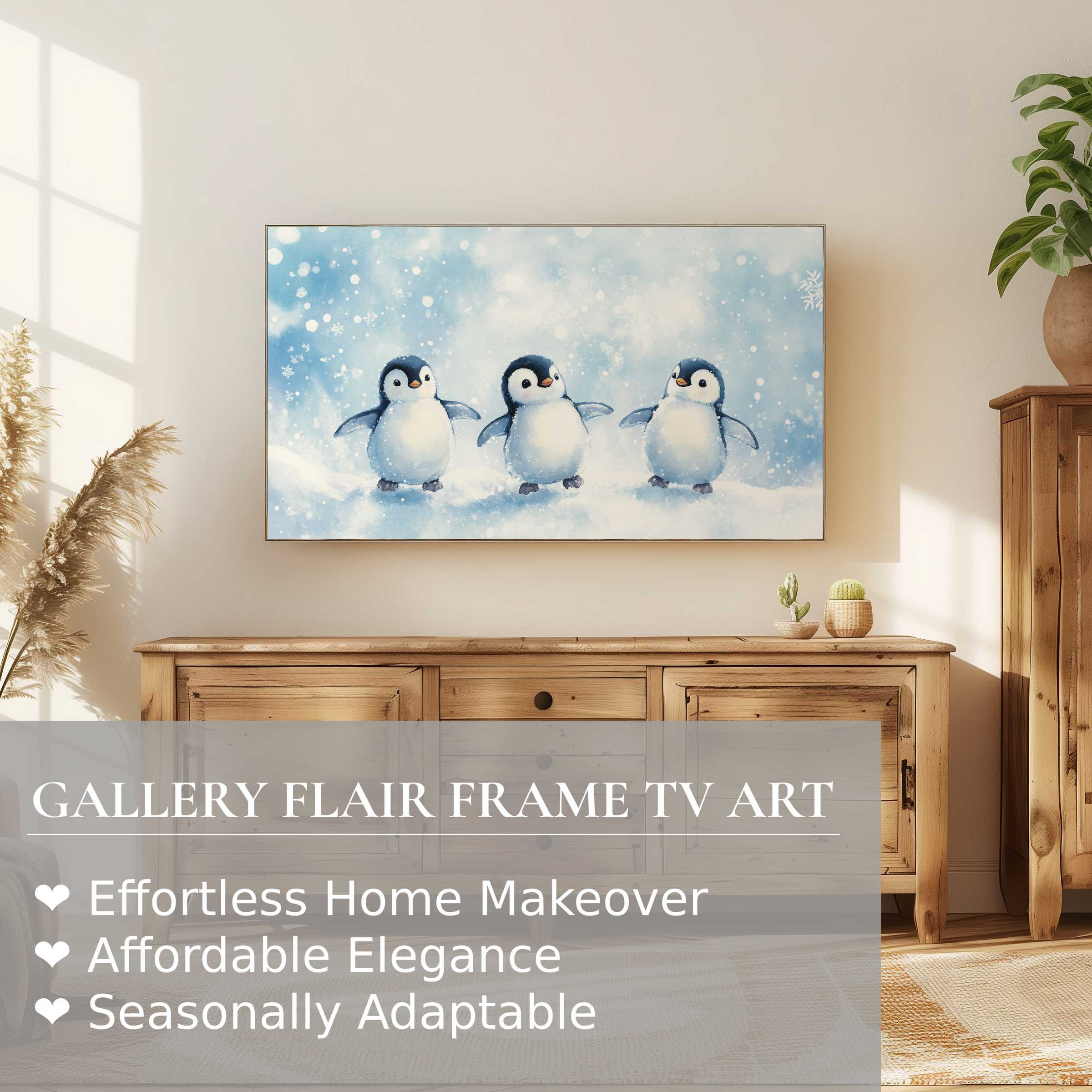 Samsung Frame TV displays charming nursery digital artwork of three playful penguins in a soft winter scene
