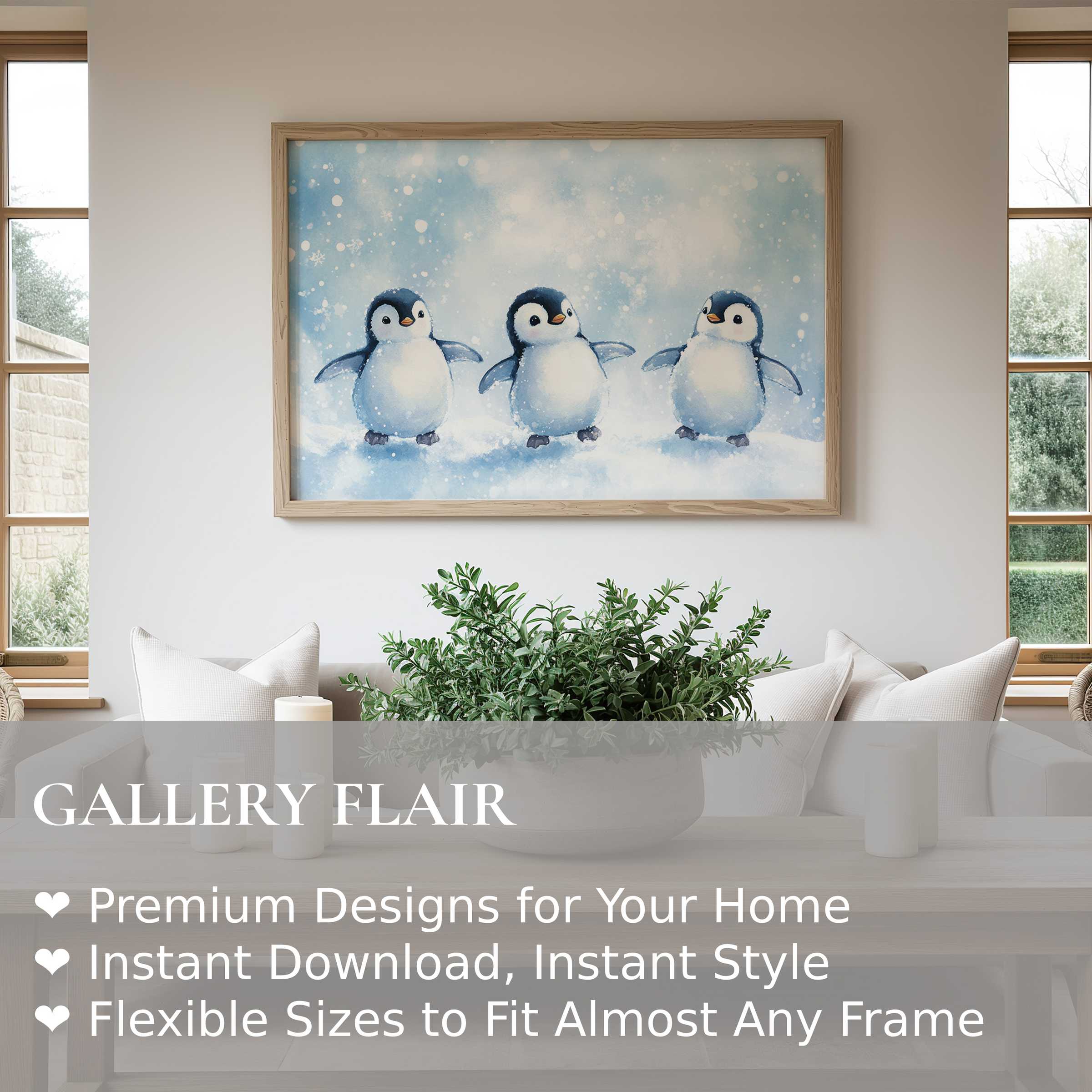 Nursery wall art print featuring three whimsical penguins in soft blues and whites, adding a calming, modern touch to a cozy Scandinavian nursery