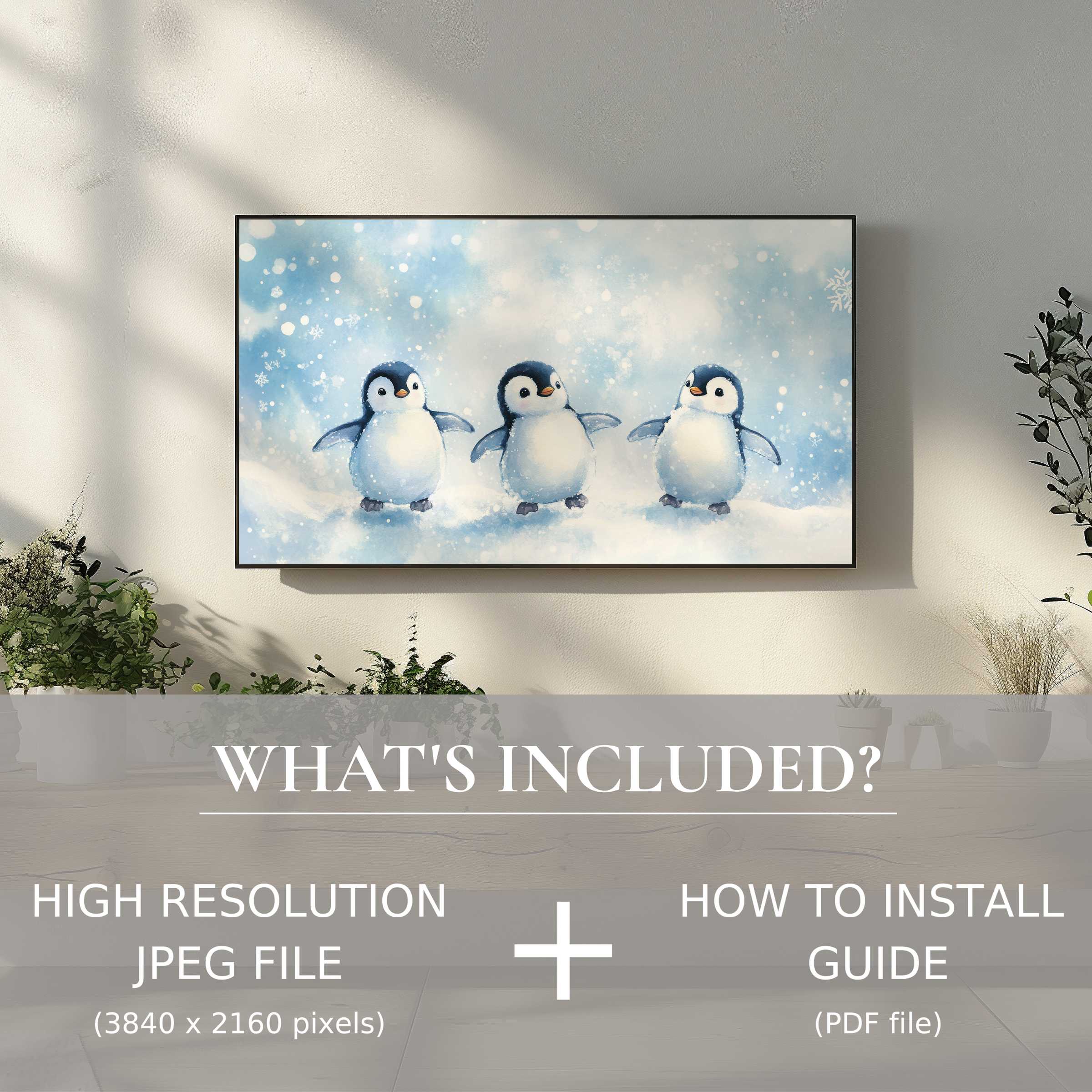 Nursery digital TV art download with charming penguins, easy digital use, enhancing any stylish, modern living space