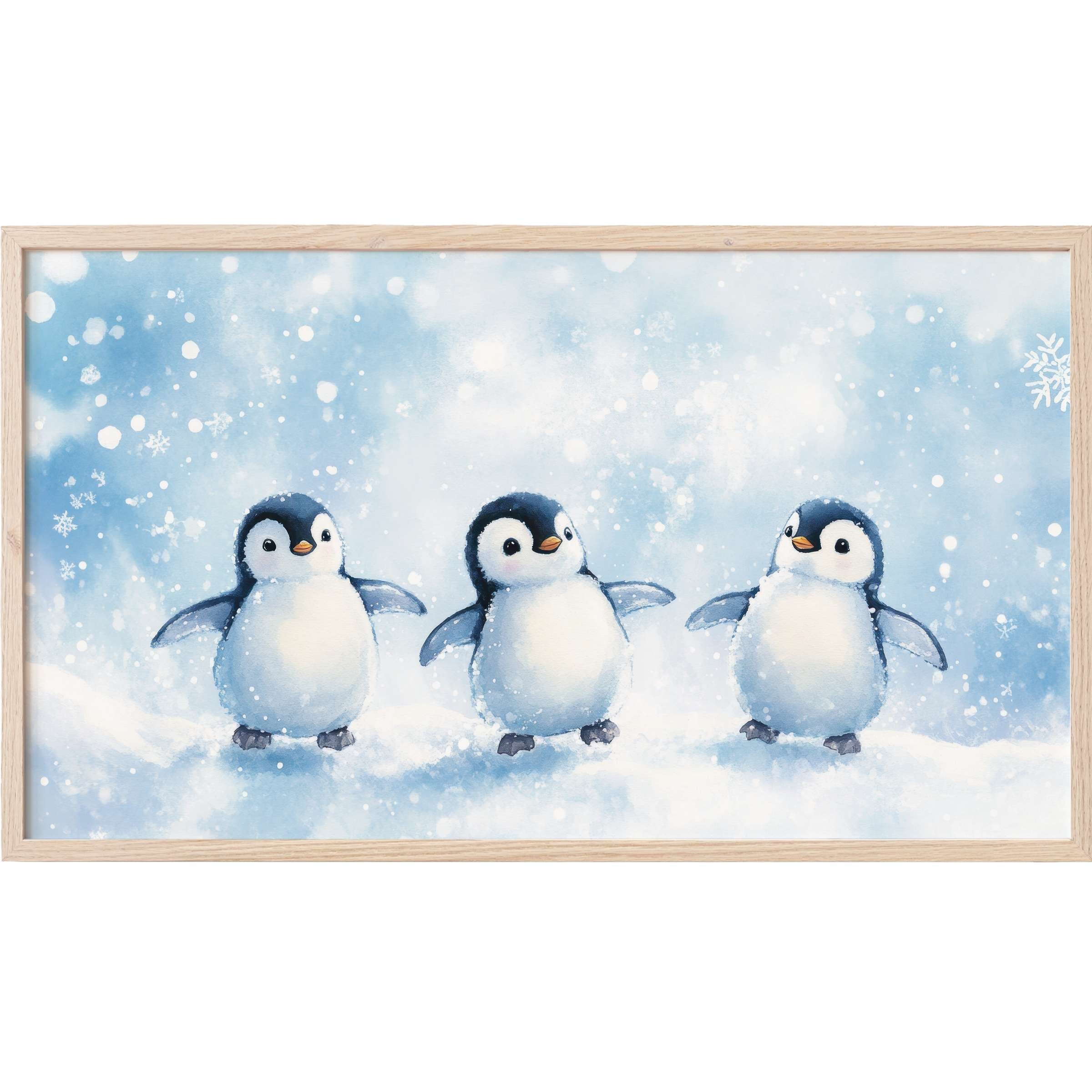 Nursery Frame TV Art featuring three charming penguins in soft blues and whites, embodying whimsical winter elegance