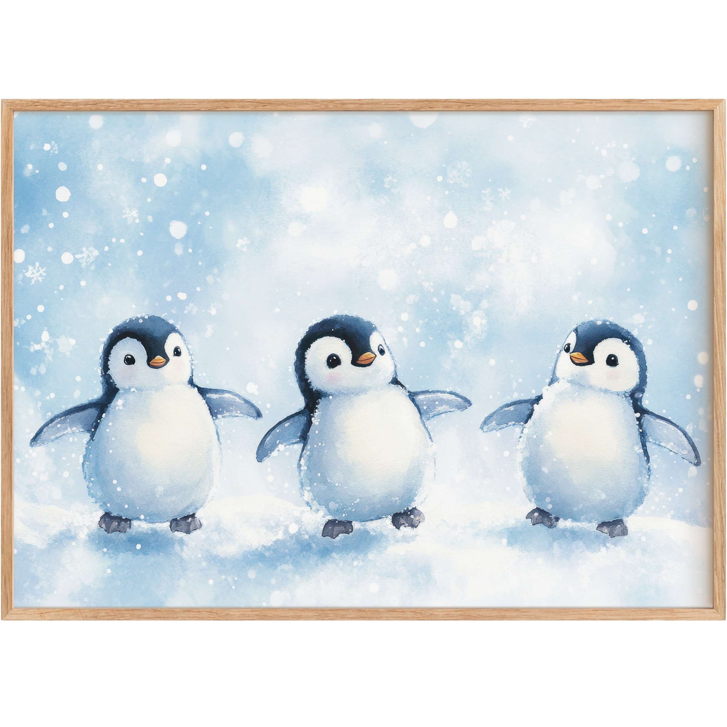 Charming nursery printable wall art featuring three joyful penguins in soft blues and whites, evoking a serene, wintry wonderland