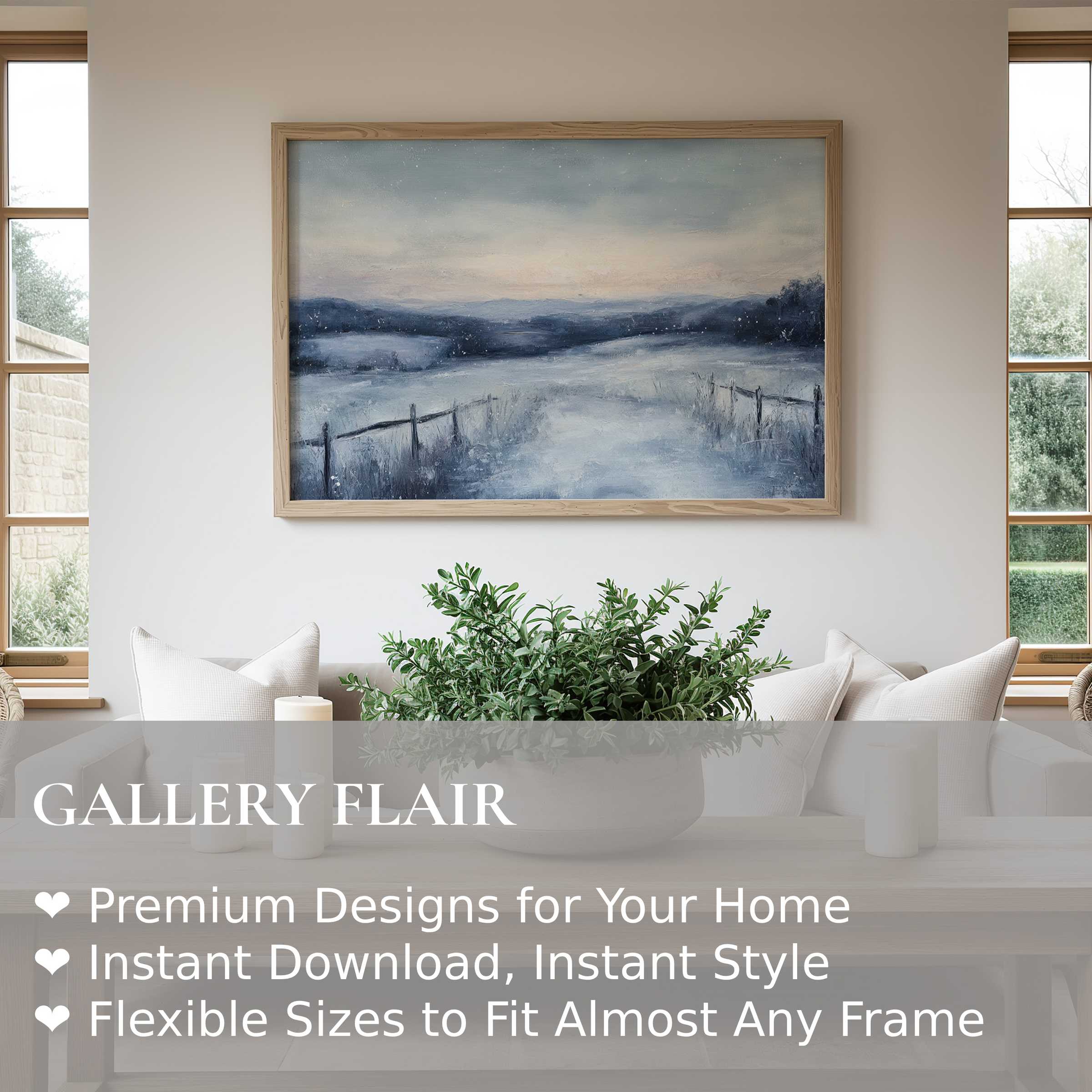 Vintage wall art print featuring a serene winter landscape in soft blues and grays, elevating modern minimalist interiors with calming, timeless elegance
