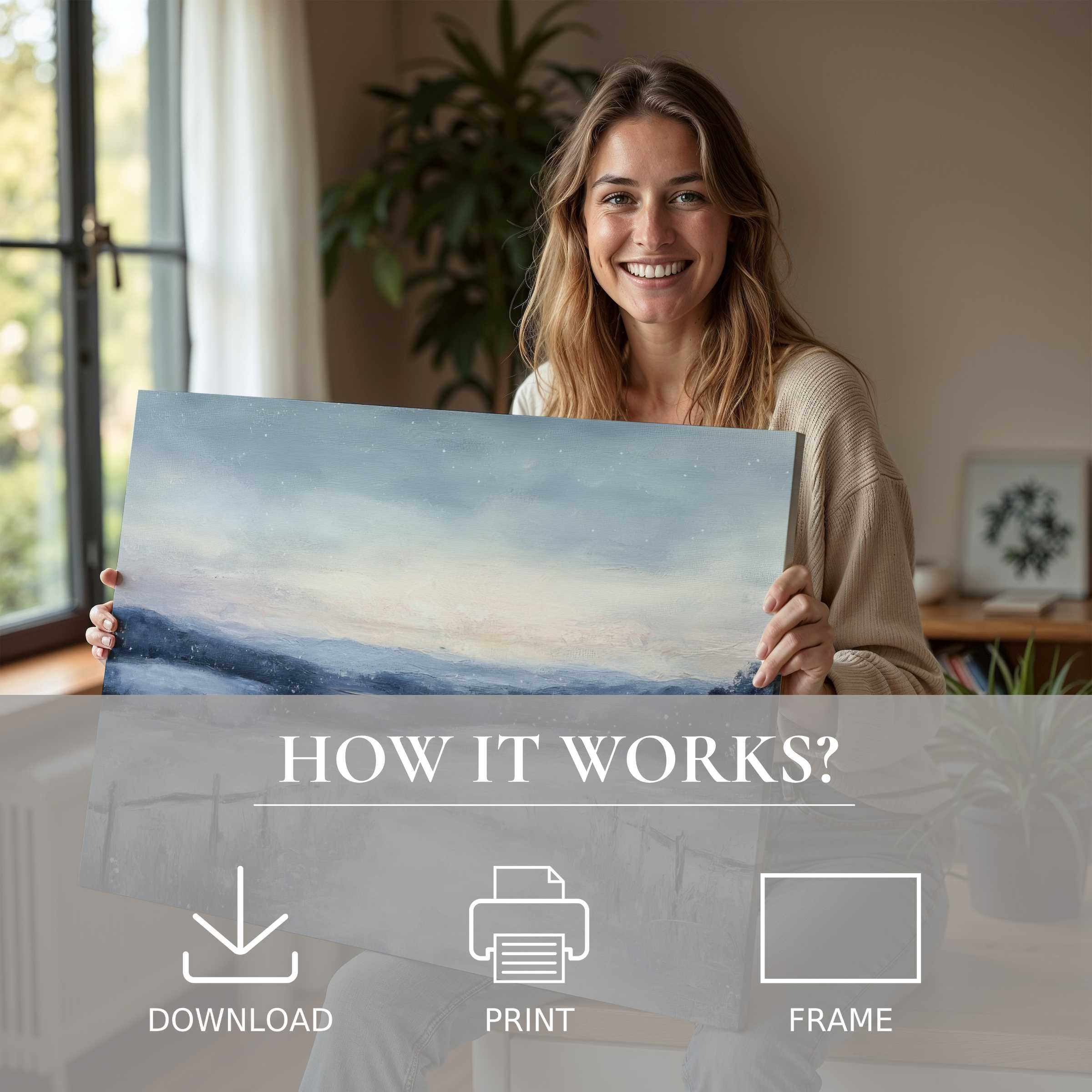 Serene moment unveiling a vintage digital art print, enriching a modern home with effortless elegance and timeless joy