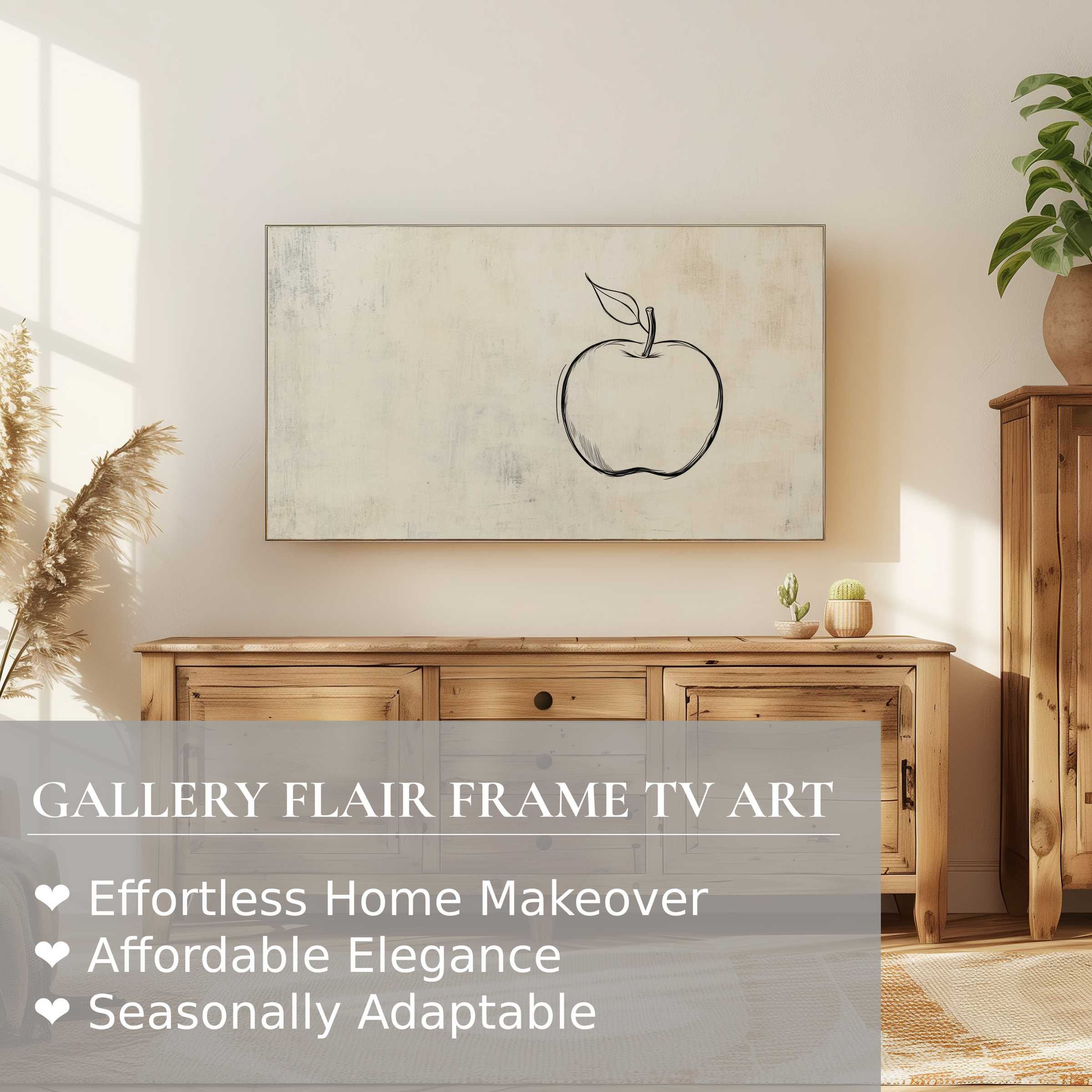 Samsung Frame TV displays minimalist digital artwork of a subtle apple sketch in an elegant, natural wood setting