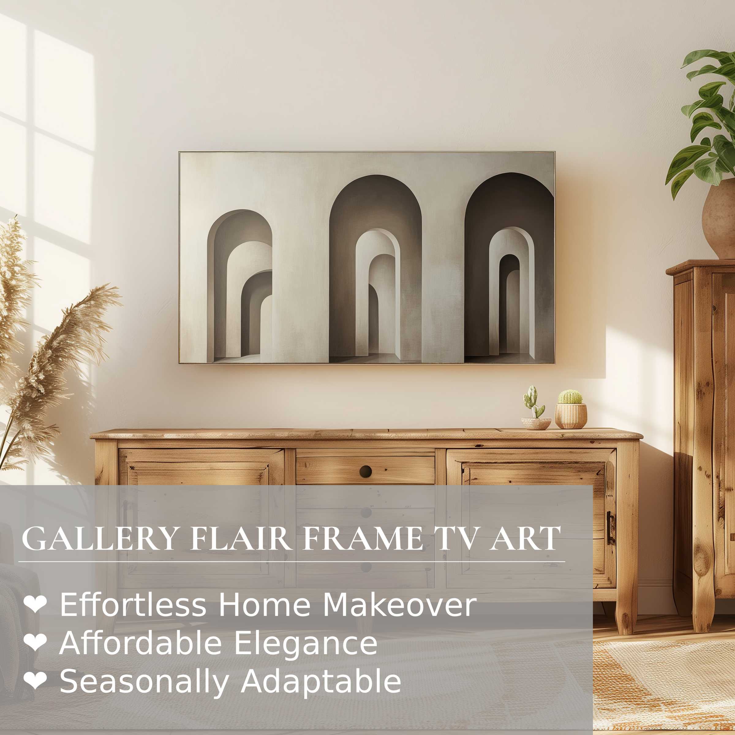 Samsung Frame TV showcases modern digital artwork with neutral arches in a stylish, sunlit, refined living space