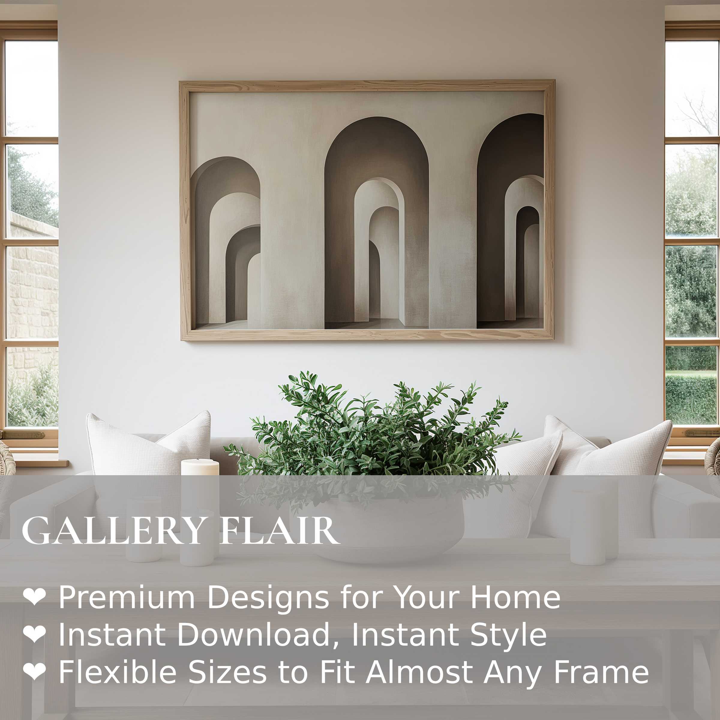 Modern wall art print featuring minimalist arches in muted tones, radiating calm and depth; enhances serene, contemporary living spaces