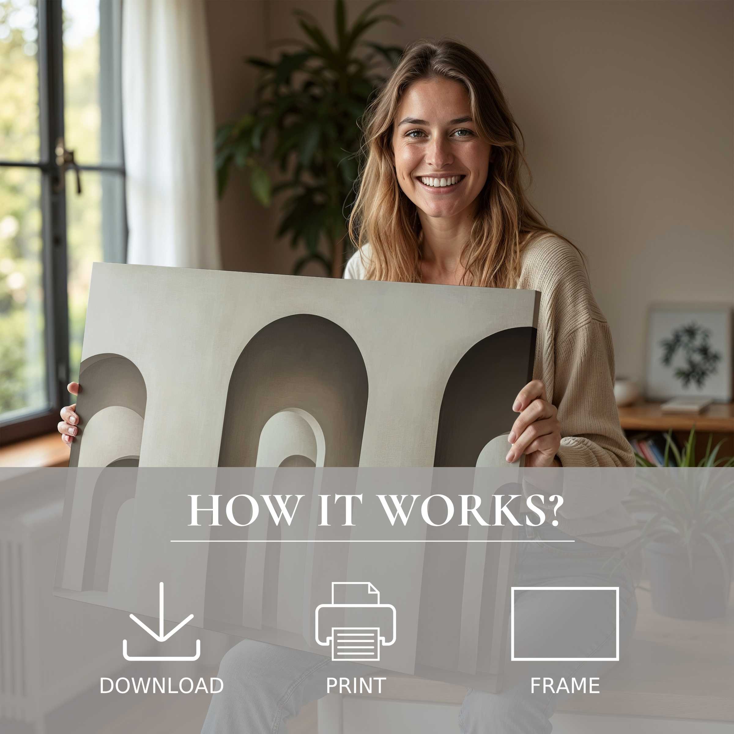 A radiant moment of connection and joy with a modern digital art print in soft neutral tones, elevating a stylish home with effortless elegance