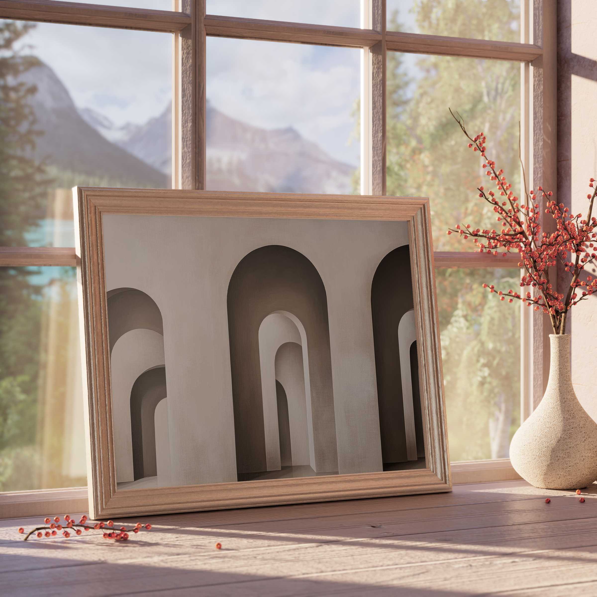 Modern downloadable art featuring serene architectural arches in muted tones, elevating tranquil, curated design-forward interiors with timeless elegance
