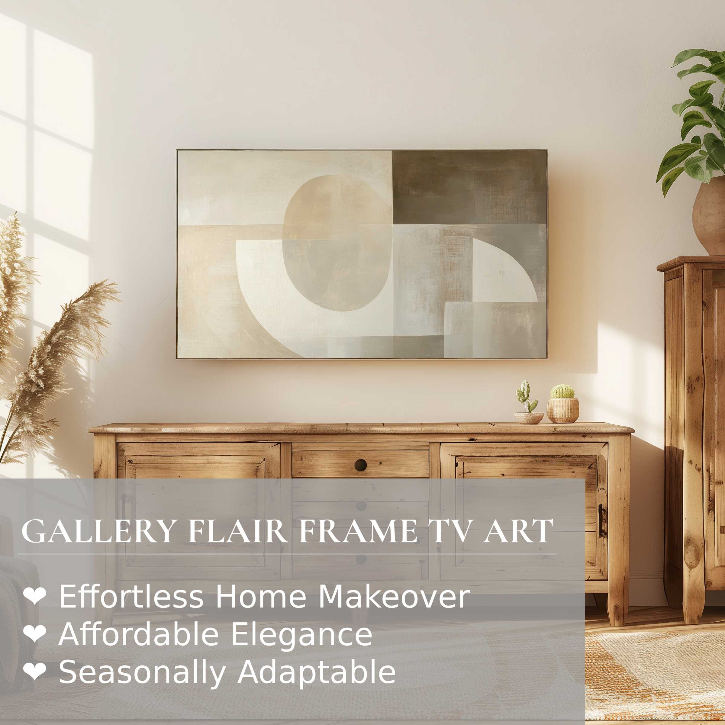 Modern living room with natural woods, Samsung Frame TV showcasing neutral digital artwork, elegant and serene ambiance