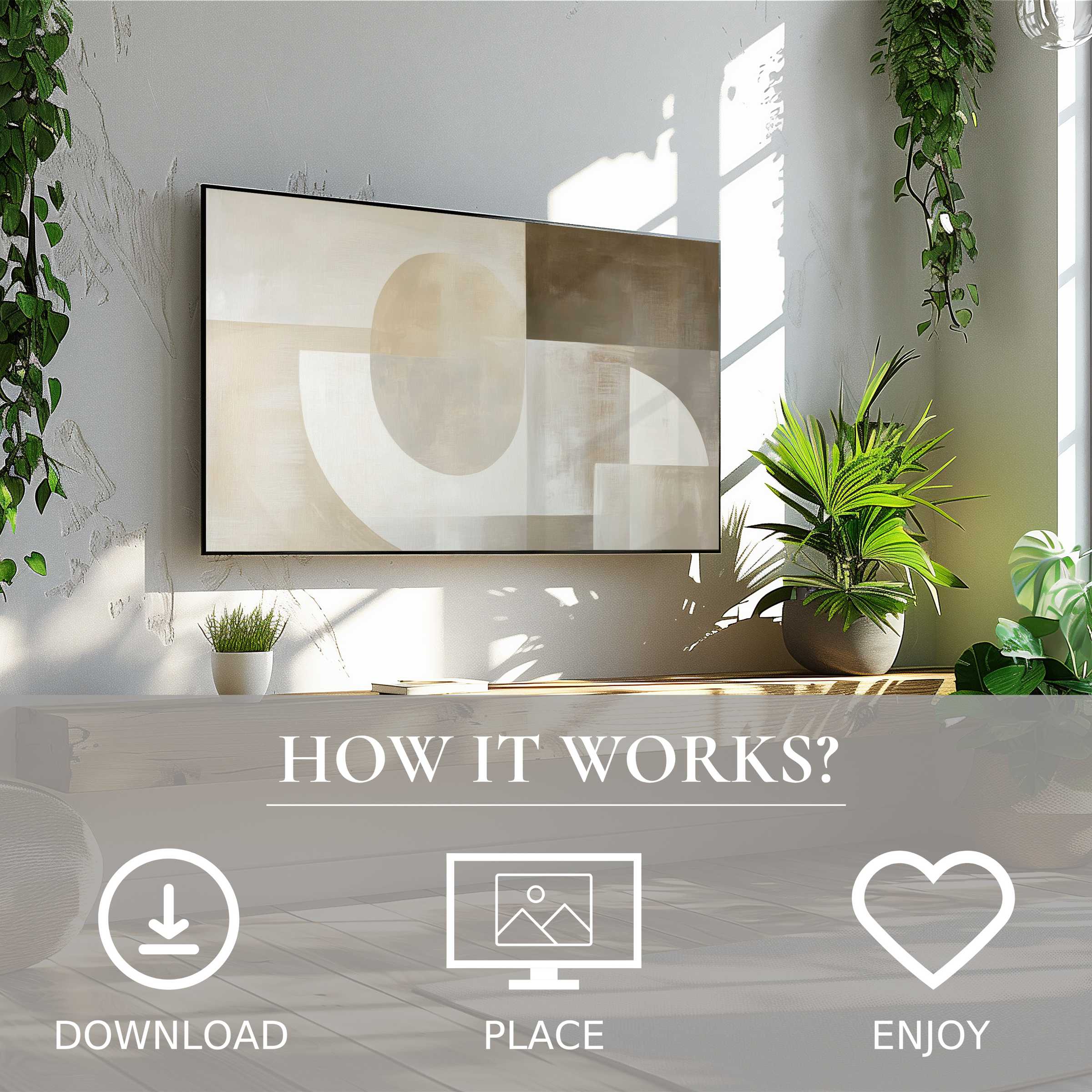 Neutral art for Samsung TV with soft beige shapes, easy digital download enriching modern living spaces