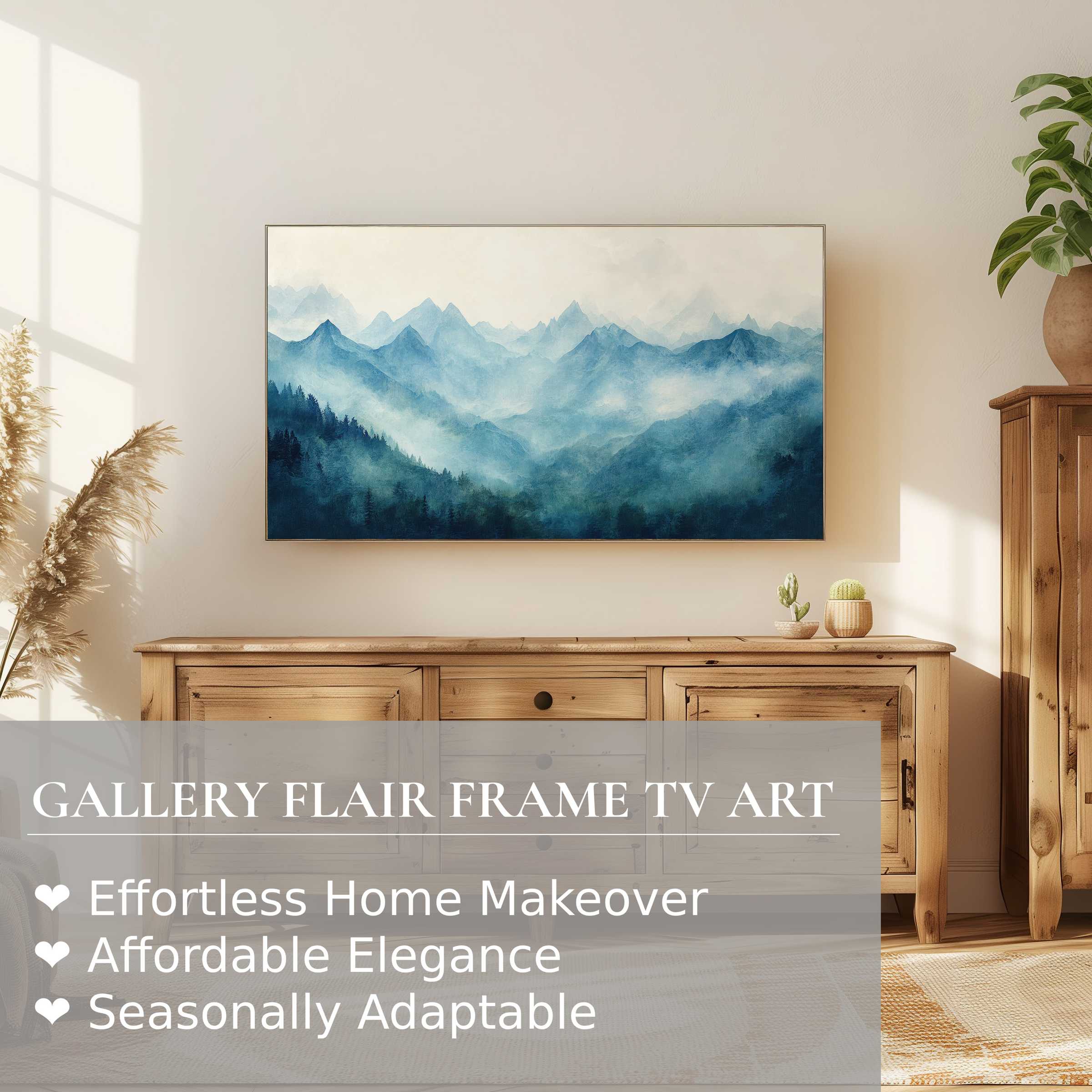 Samsung Frame TV displays serene blue mountain landscape digital artwork in a modern, stylish living space