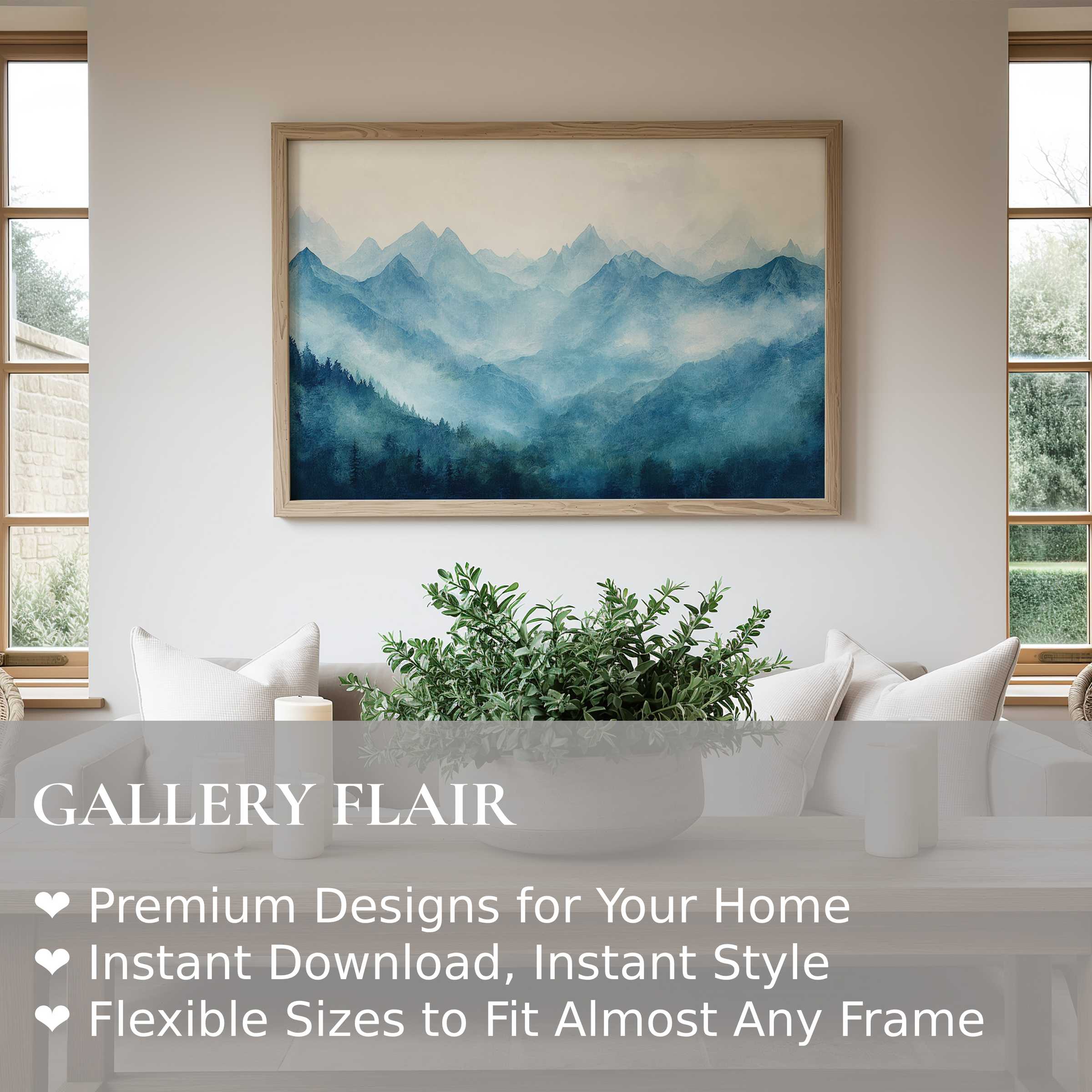 Serene blue mountain landscape wall art print in a modern minimalist living room, enhancing calm and refined decor