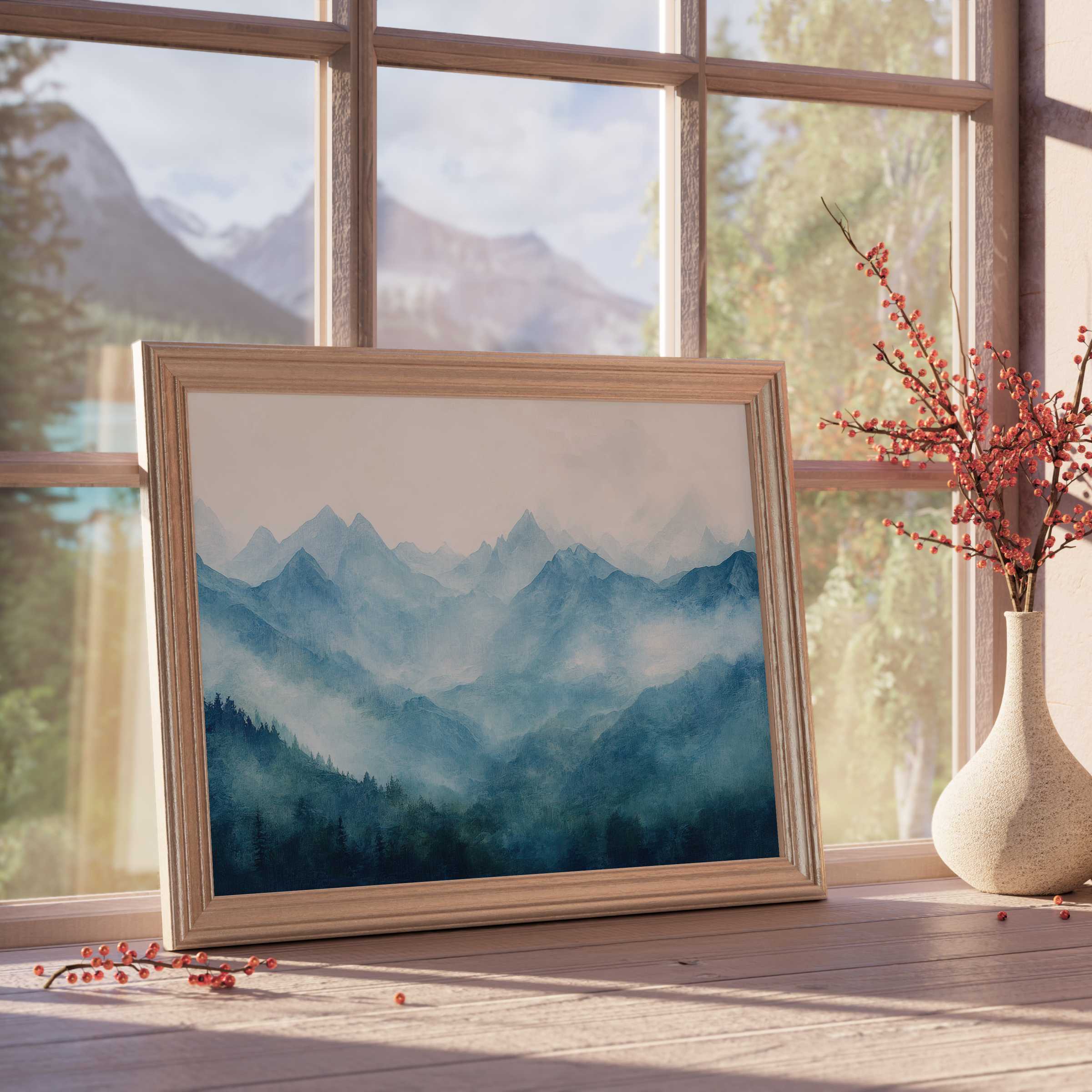 Serene landscape downloadable art capturing misty blue mountains, elevating tranquil, design-forward interiors with subtle elegance