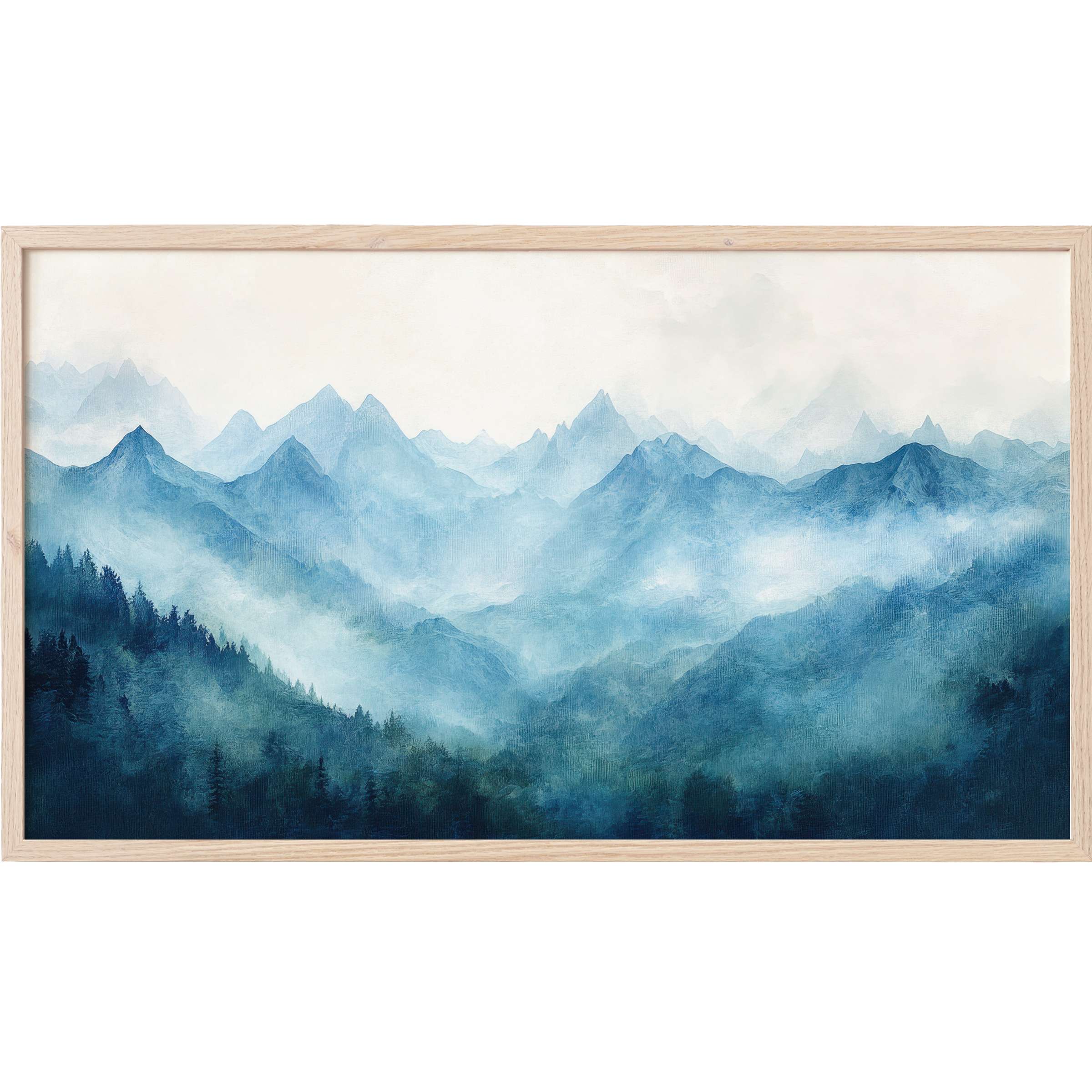 Serene misty blue mountain layers in soft gradient tones, framed for elegant landscape Frame TV Art décor
