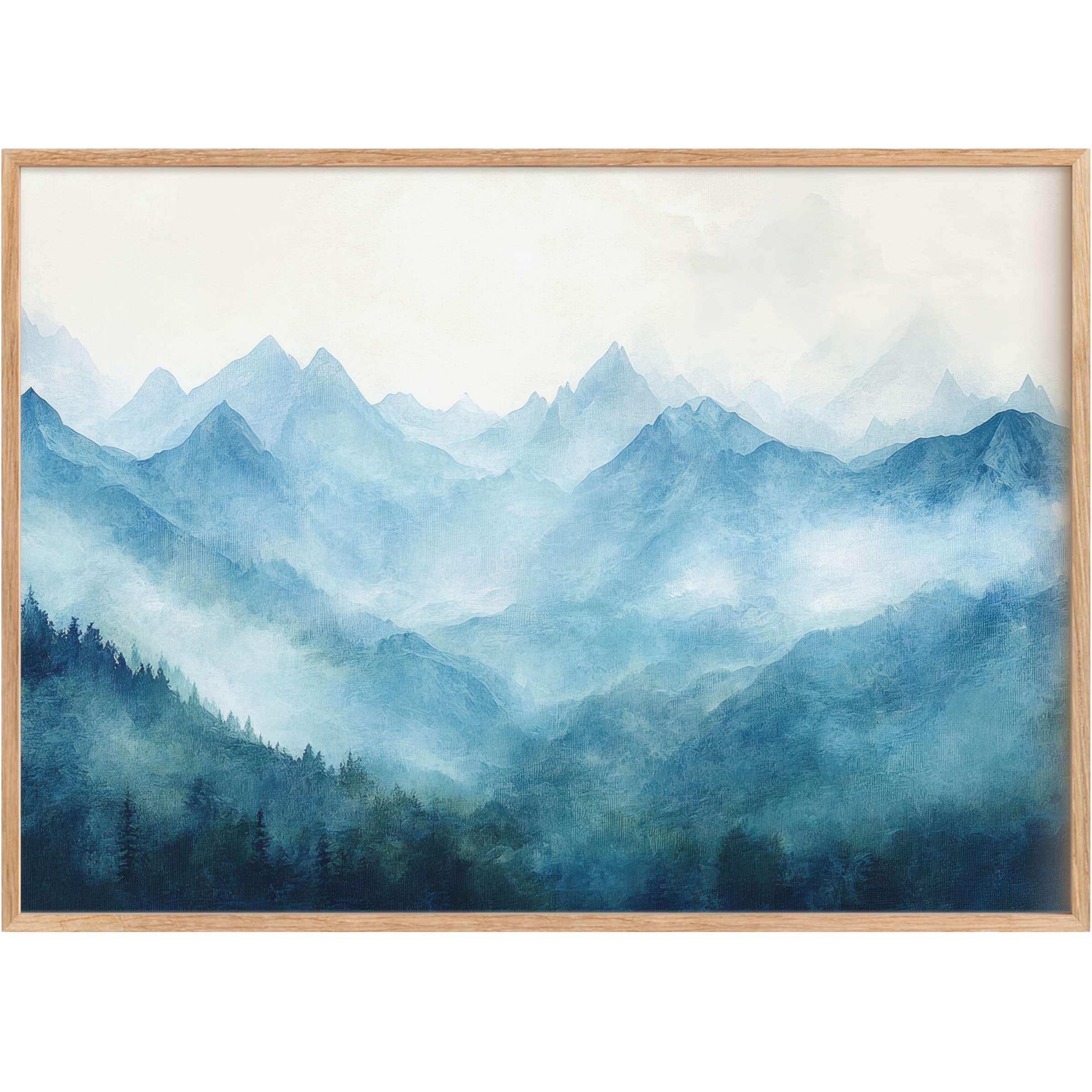 Serene blues and misty layers evoke tranquility in this landscape printable wall art, perfect for elegant, calming interiors