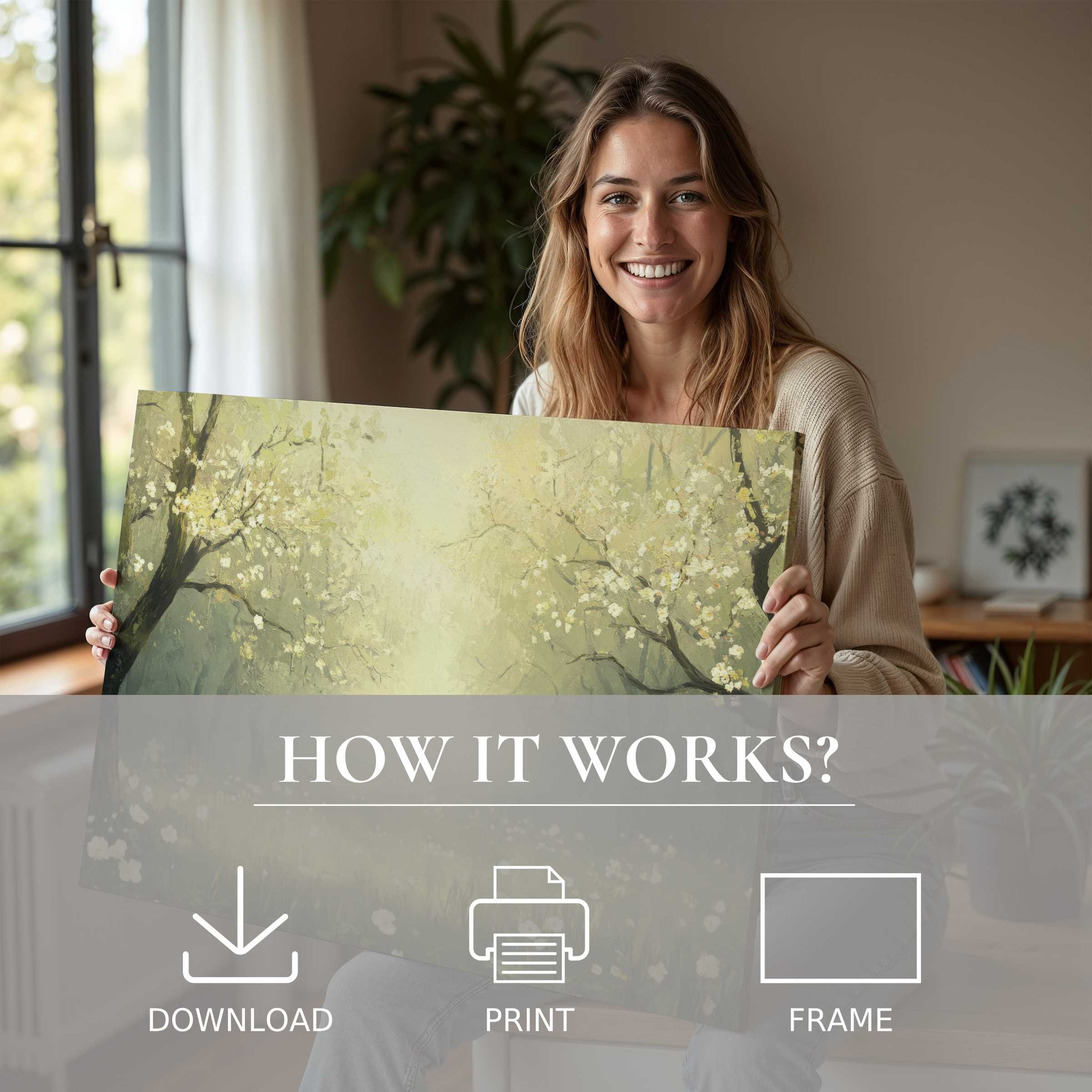 Gracefully embracing a spring digital art print, she inspires serene living with art’s effortless joy and timeless beauty